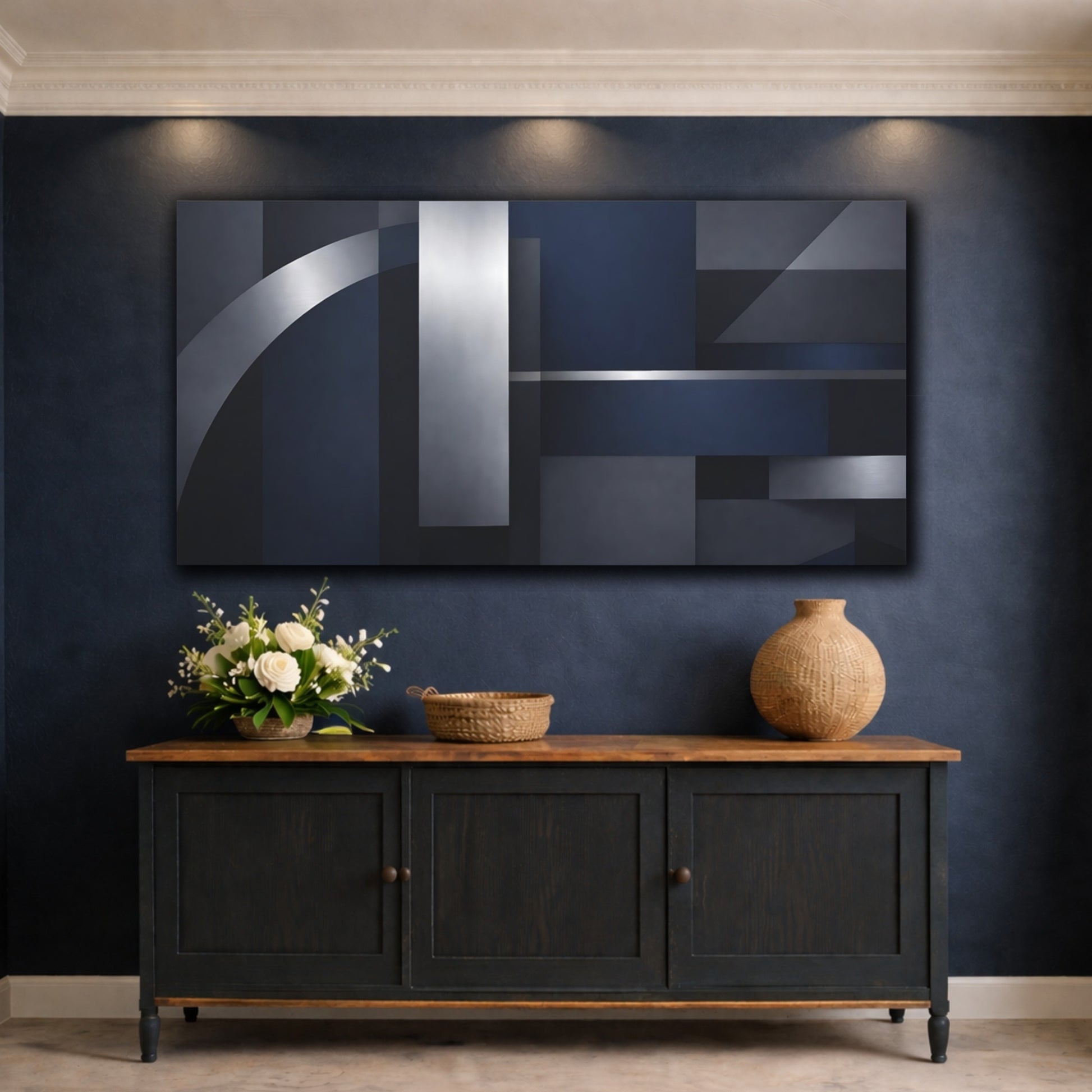 Mockup 4. Abstract Geometric Shapes Navy Blue Silver shown as stretched canvas wall art