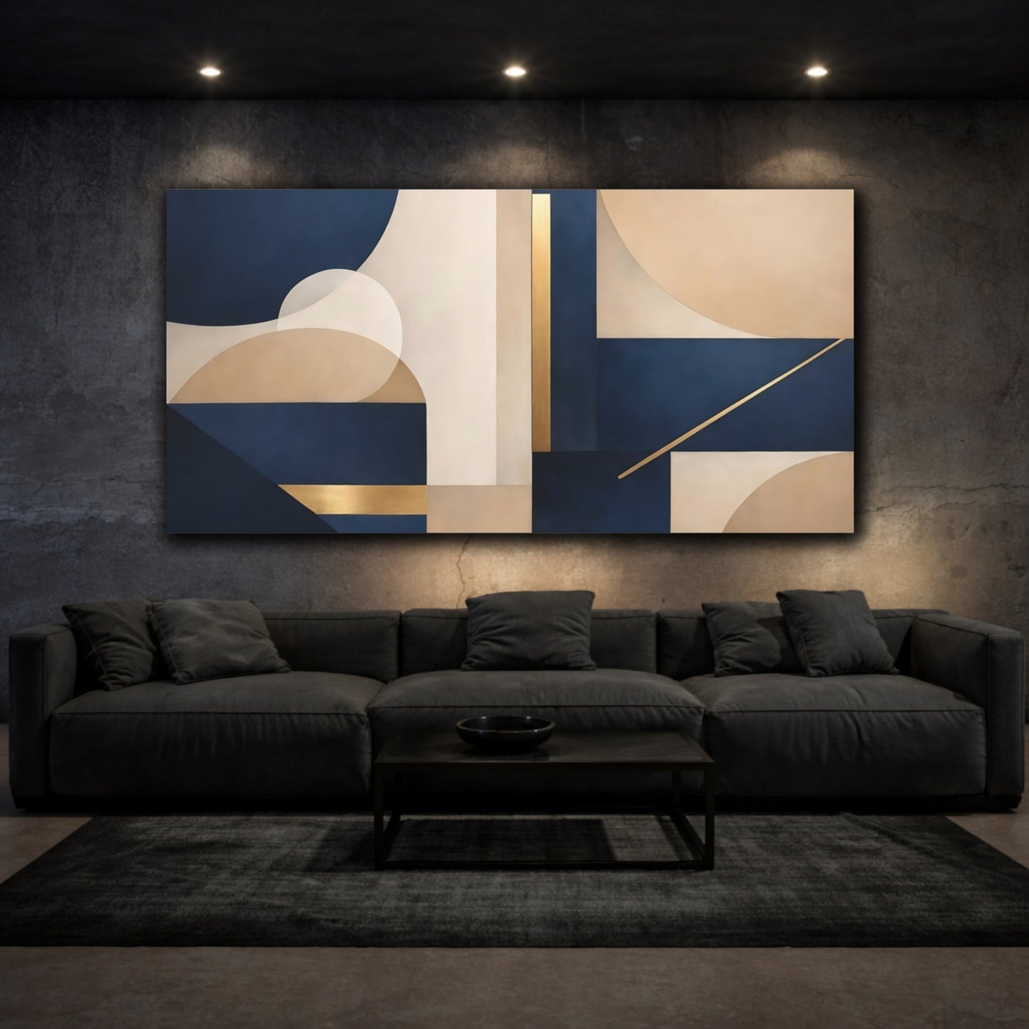Mockup 2. Abstract Geometric Shapes Navy Gold Geometric shown as stretched canvas wall art