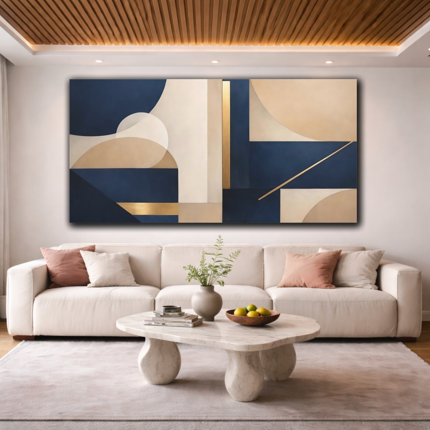 Mockup 3. Abstract Geometric Shapes Navy Gold Geometric shown as stretched canvas wall art