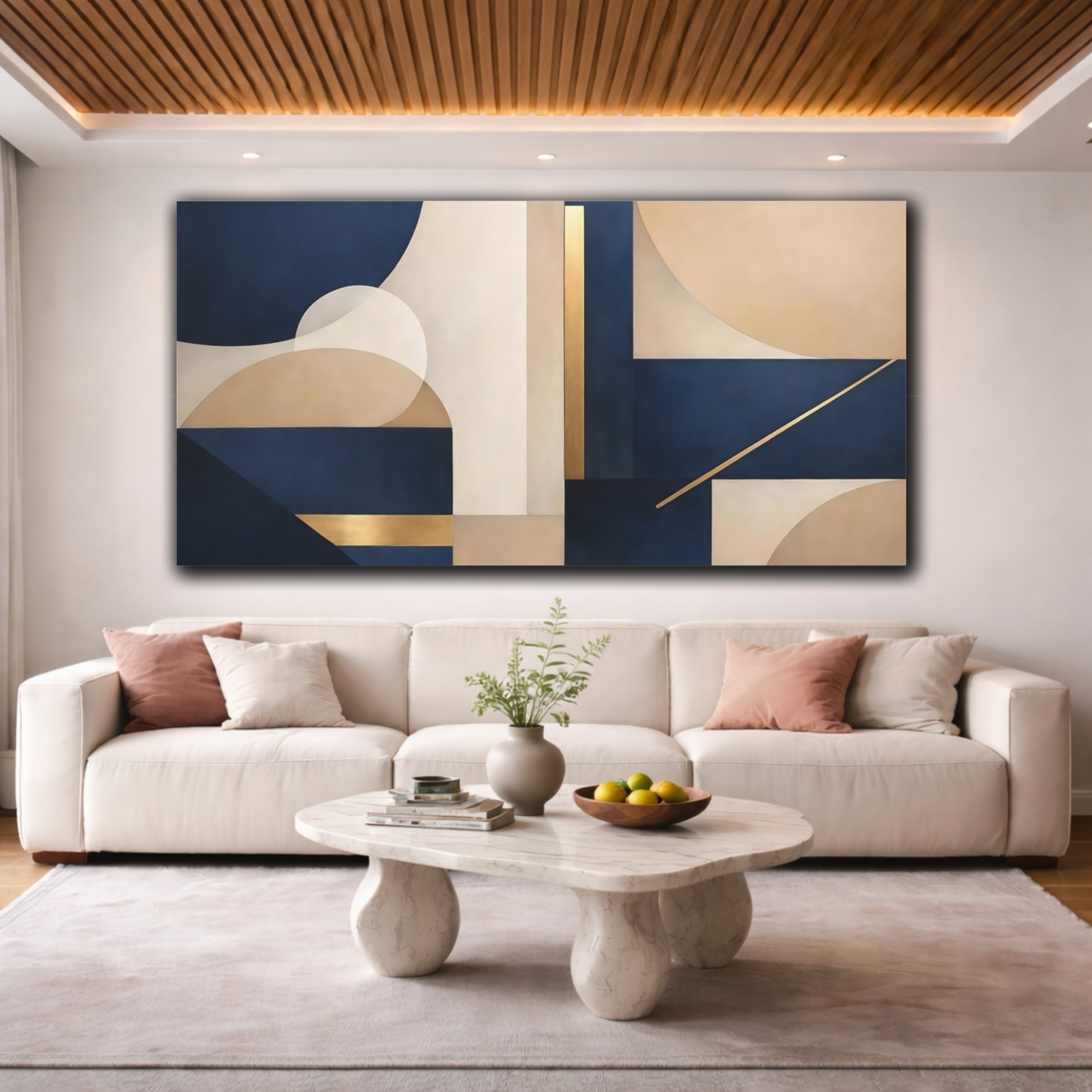 Mockup 3. Abstract Geometric Shapes Navy Gold Geometric shown as stretched canvas wall art