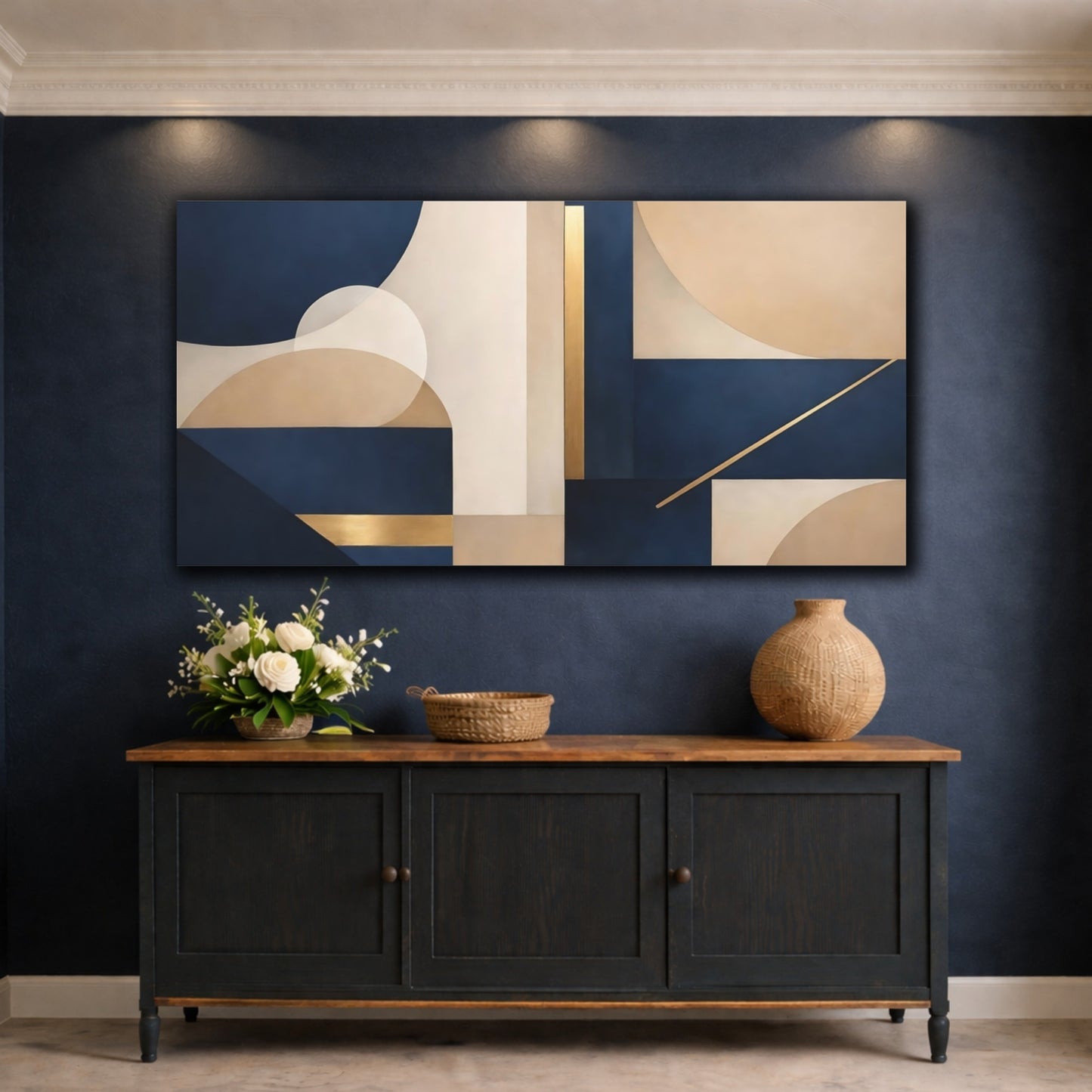 Mockup 4. Abstract Geometric Shapes Navy Gold Geometric shown as stretched canvas wall art