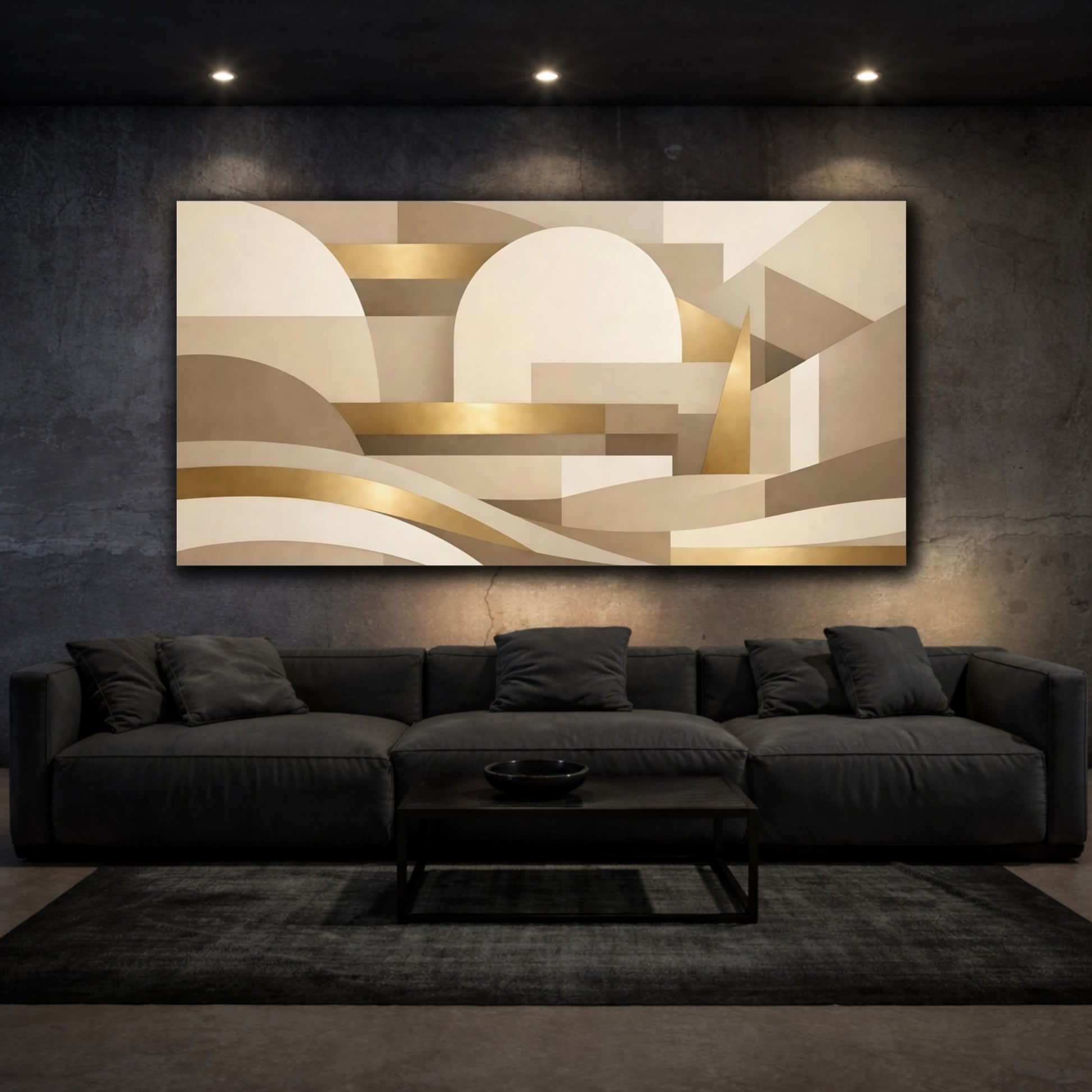 Mockup 2. Abstract Geometric Shapes Neutral And Gold Abstract shown as stretched canvas wall art
