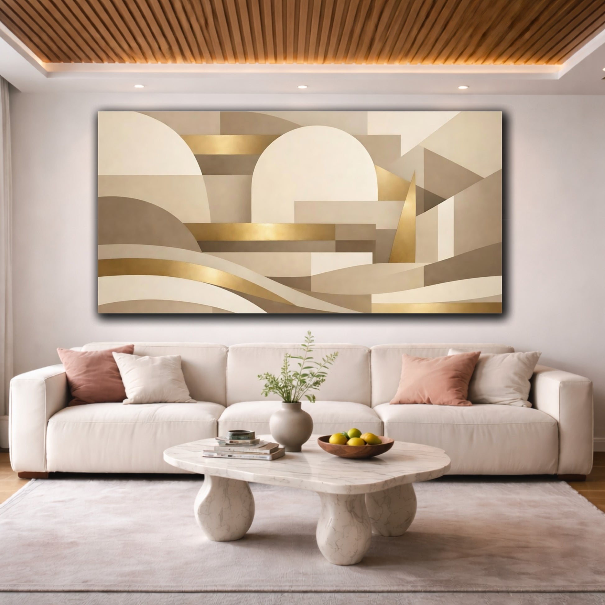 Mockup 3. Abstract Geometric Shapes Neutral And Gold Abstract shown as stretched canvas wall art