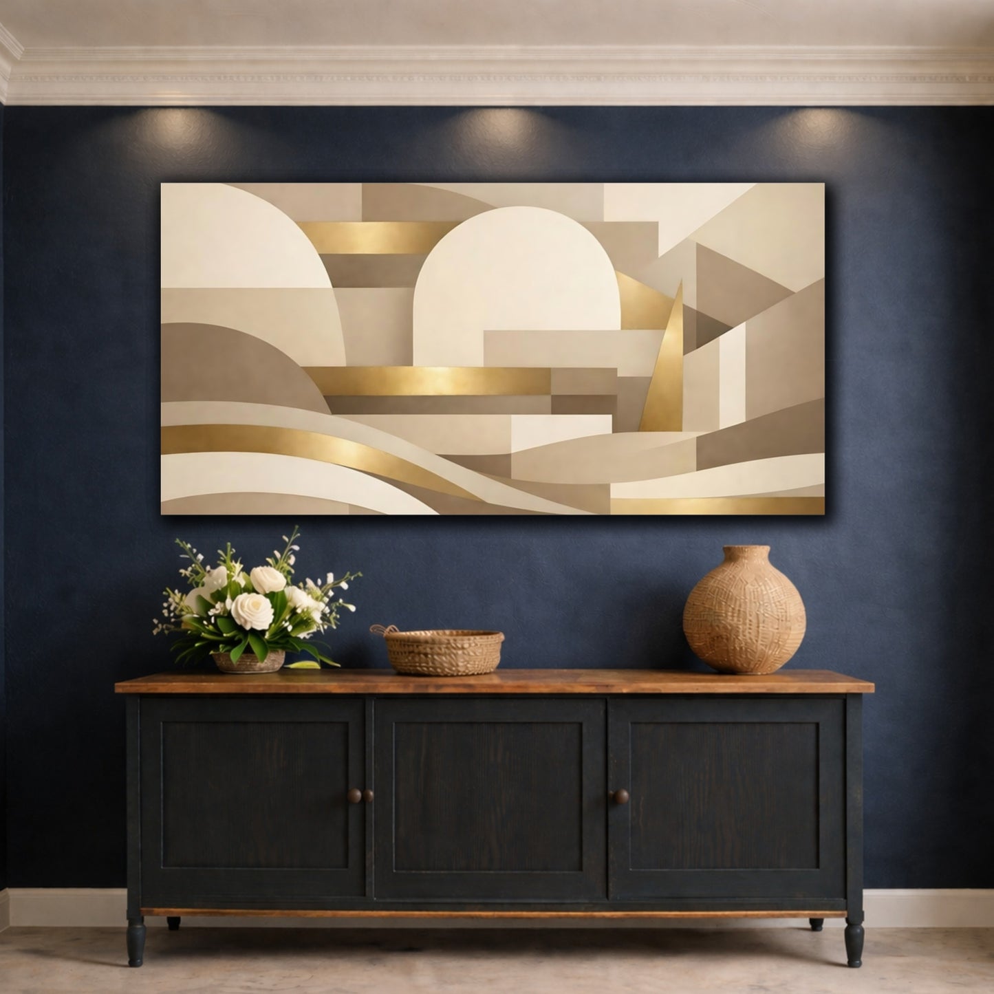 Mockup 4. Abstract Geometric Shapes Neutral And Gold Abstract shown as stretched canvas wall art