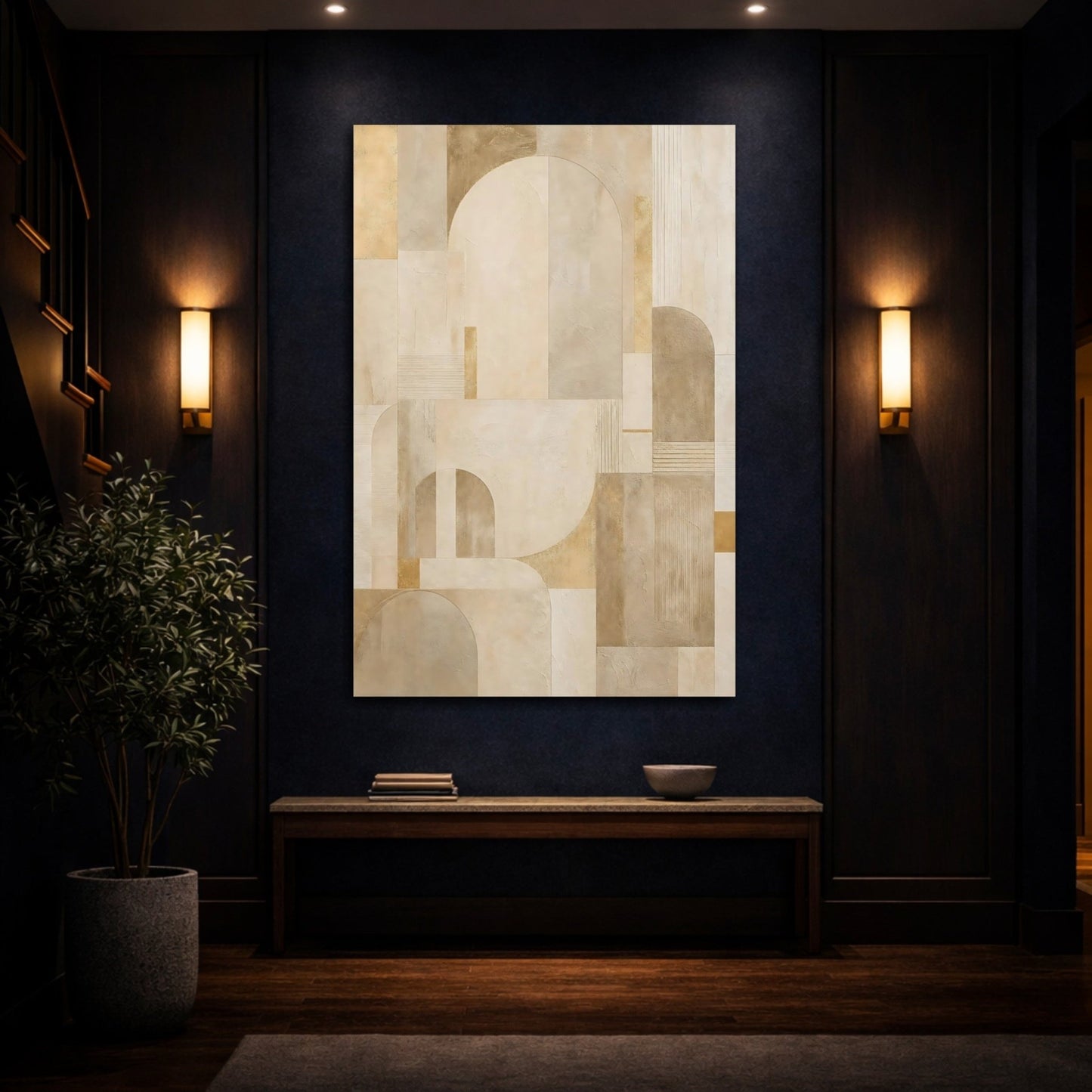 Abstract Geometric Shapes Neutral Beige Gold Canvas Wall Art Print – Living Room Decor, Above Console Table - YesArtYes