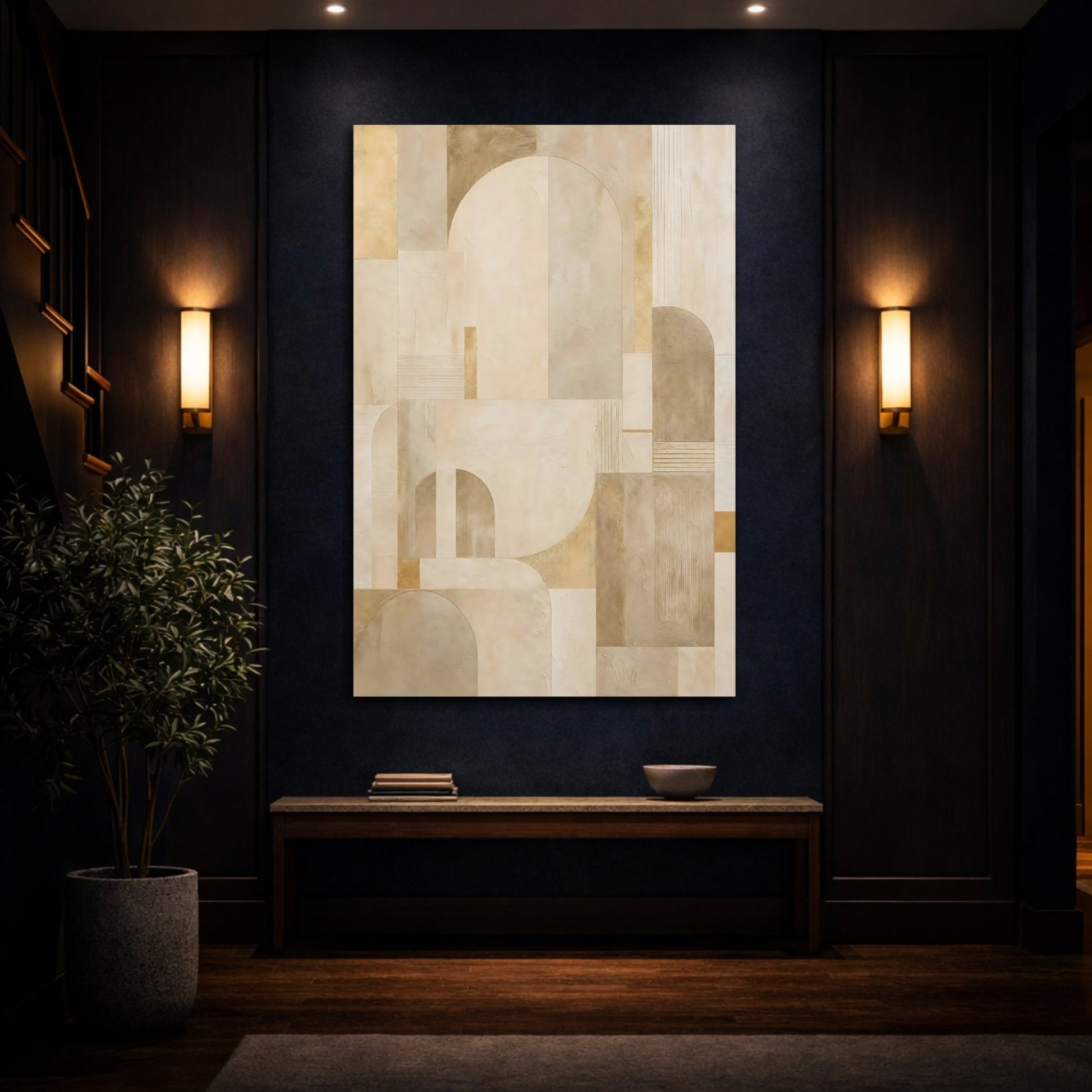Abstract Geometric Shapes Neutral Beige Gold Canvas Wall Art Print – Living Room Decor, Above Console Table - YesArtYes