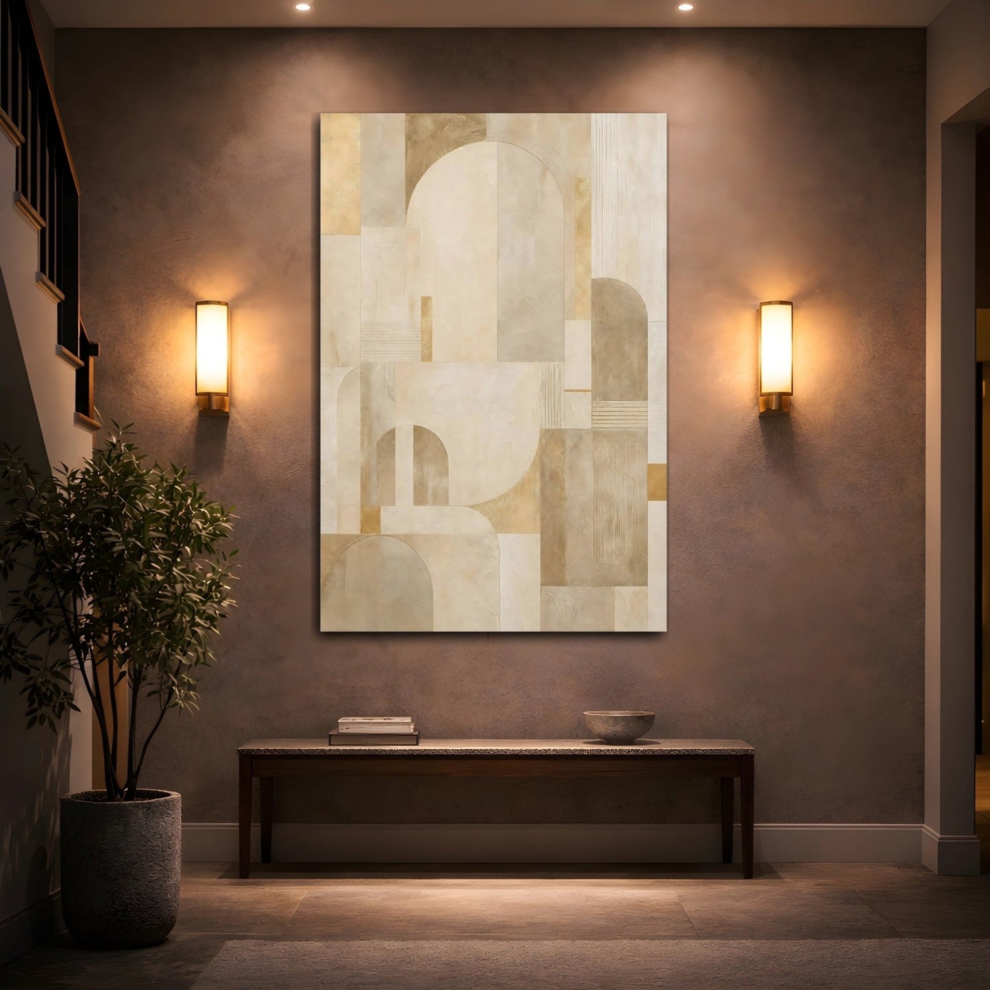 Abstract Geometric Shapes Neutral Beige Gold Canvas Wall Art Print – Living Room Decor, Above Console Table - YesArtYes