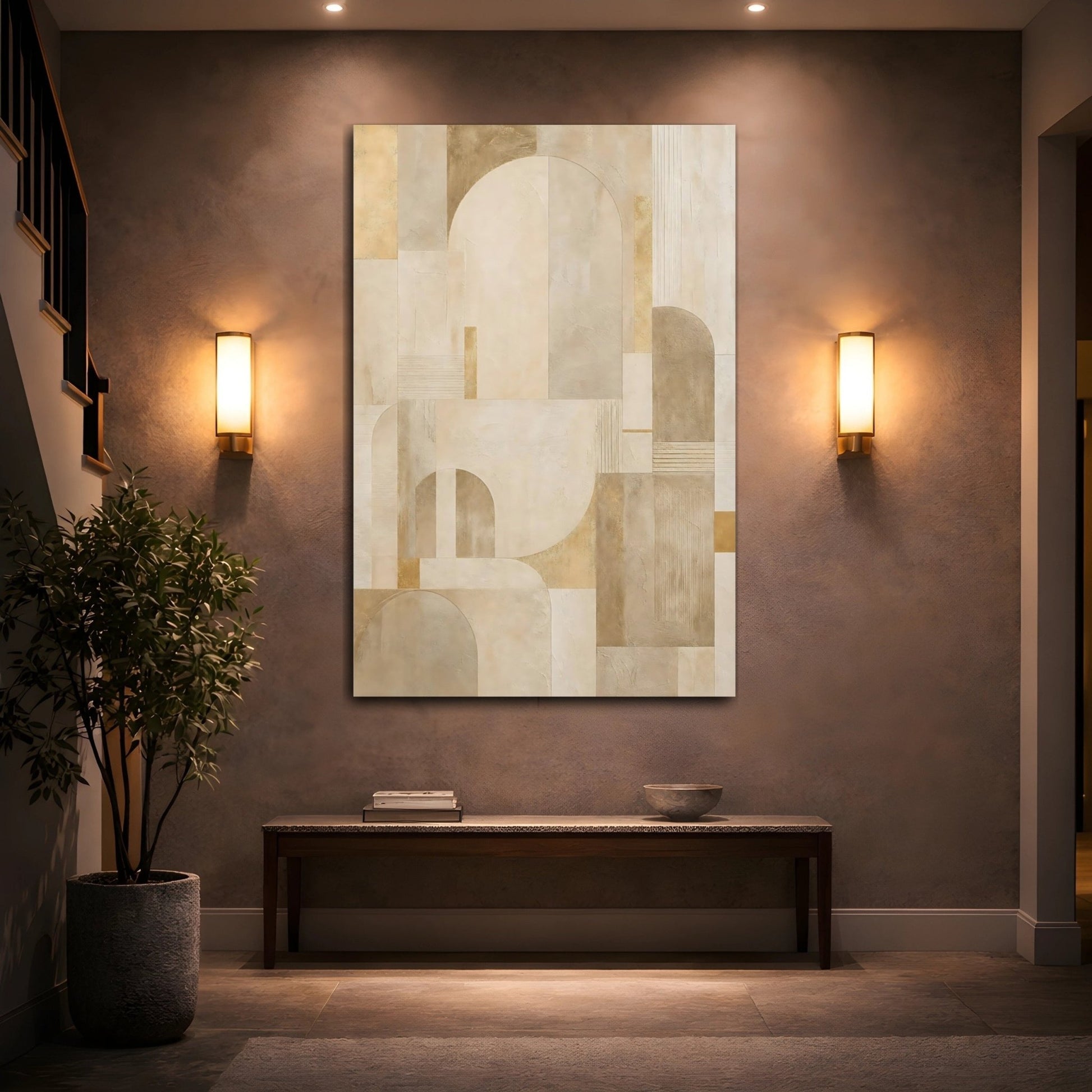 Abstract Geometric Shapes Neutral Beige Gold Canvas Wall Art Print – Living Room Decor, Above Console Table - YesArtYes