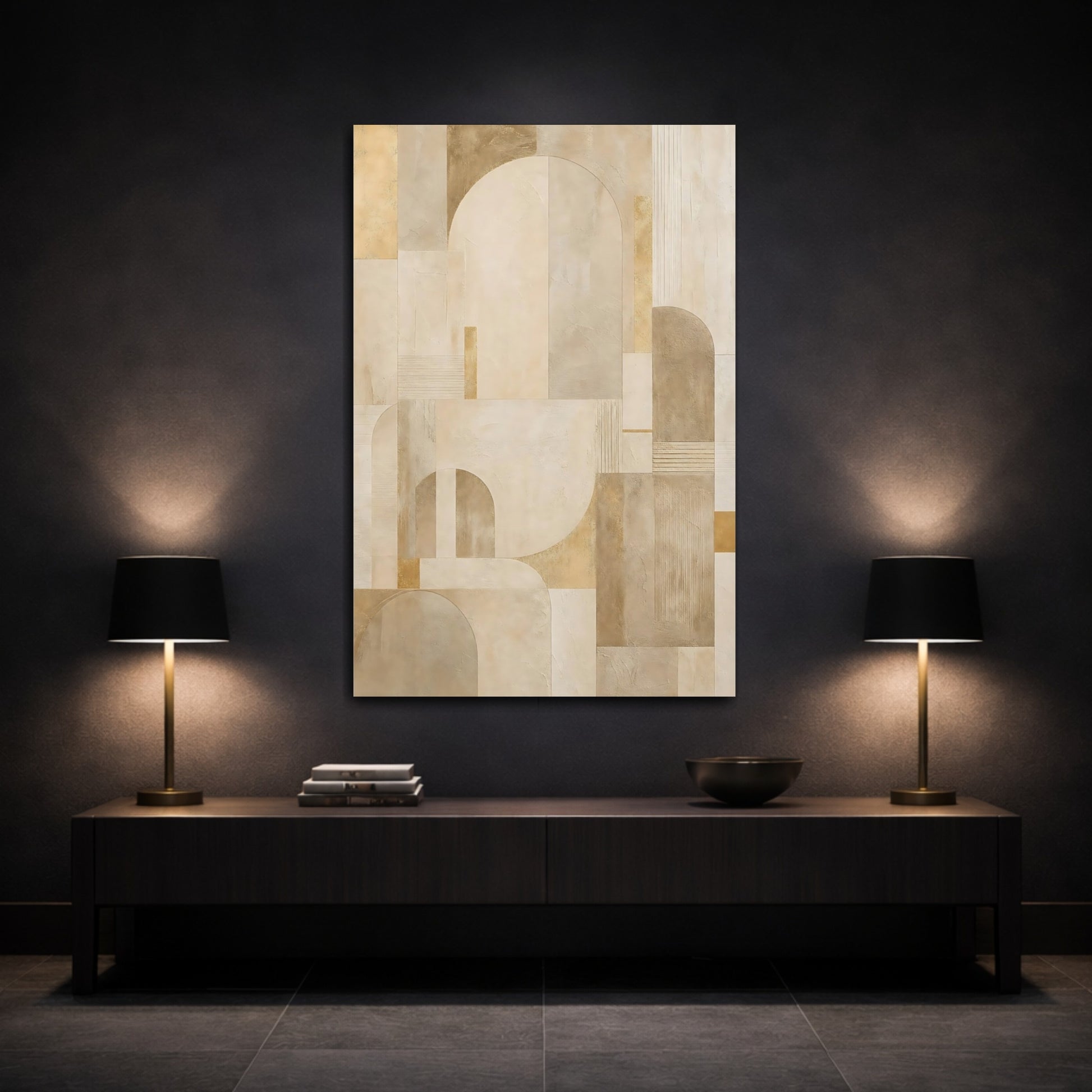 Mockup 3. Abstract Geometric Shapes Neutral Beige Gold shown as stretched canvas wall art