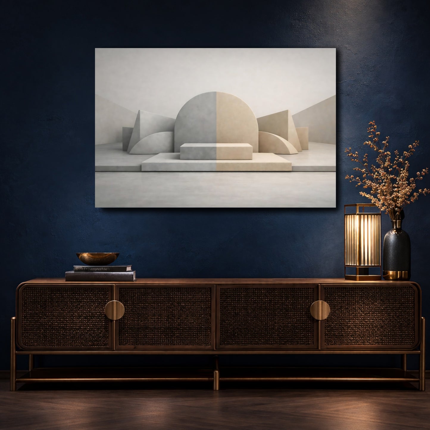 Mockup 4. Abstract Geometric Shapes Neutral Geometric shown as stretched canvas wall art