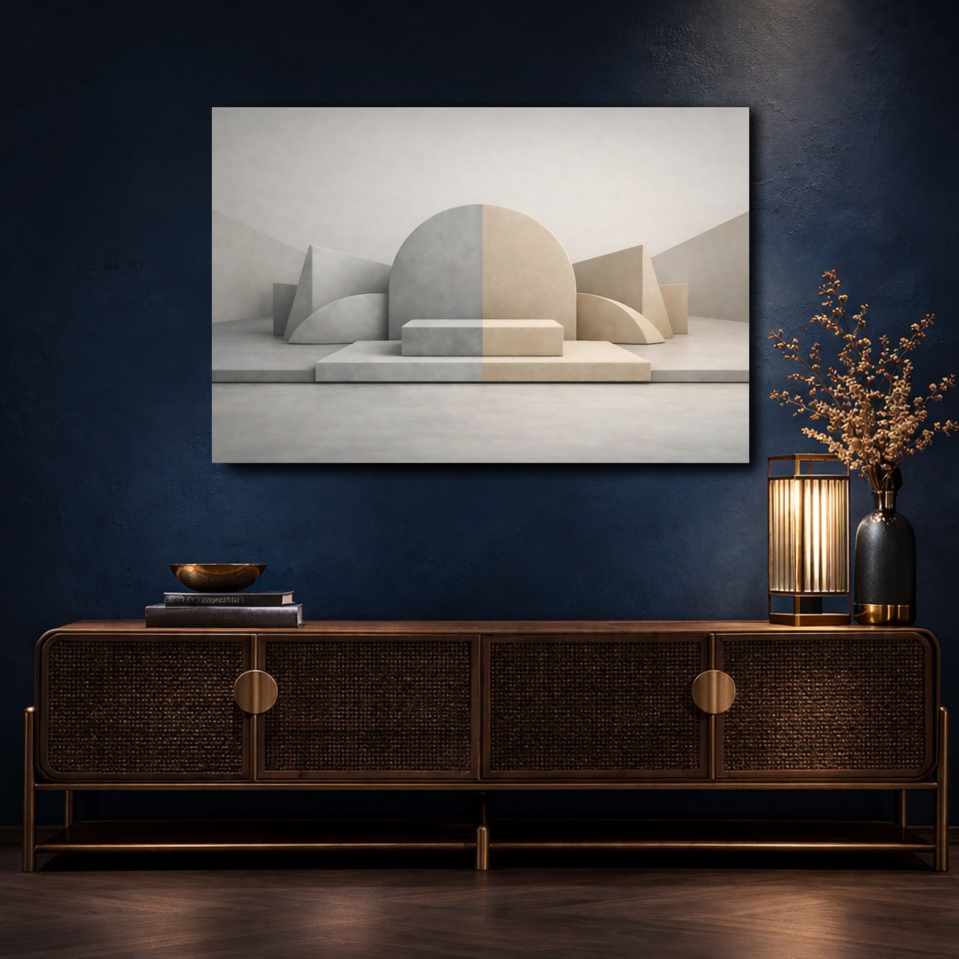 Mockup 4. Abstract Geometric Shapes Neutral Geometric shown as stretched canvas wall art