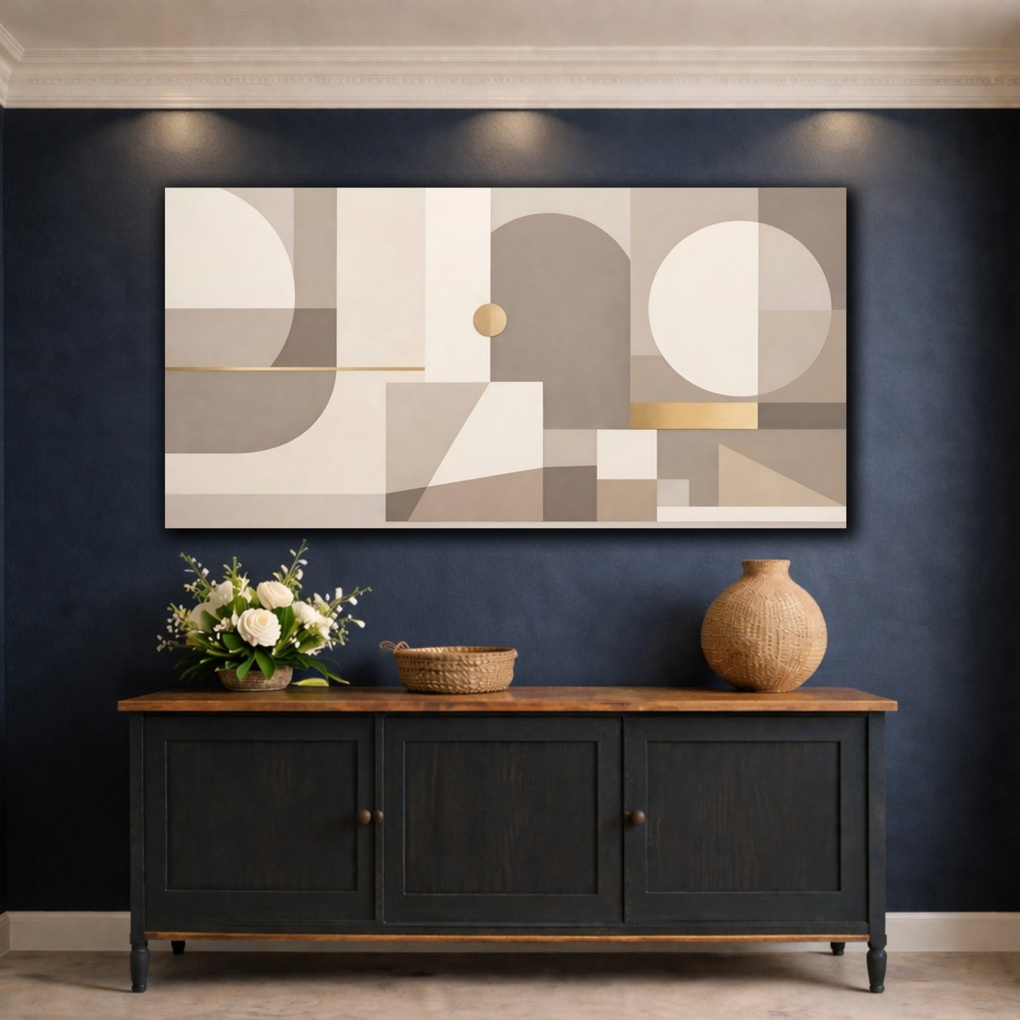 Mockup 4. Abstract Geometric Shapes Neutral Geometric shown as stretched canvas wall art