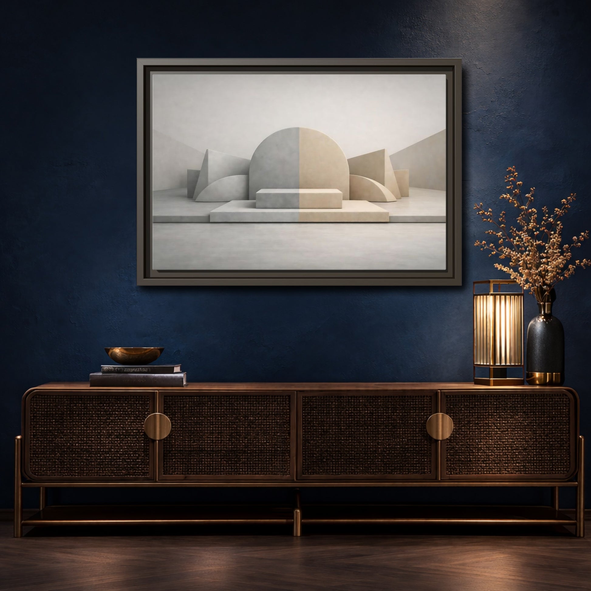 Mockup 4. Abstract Geometric Shapes Neutral Geometric shown as stretched canvas wall art