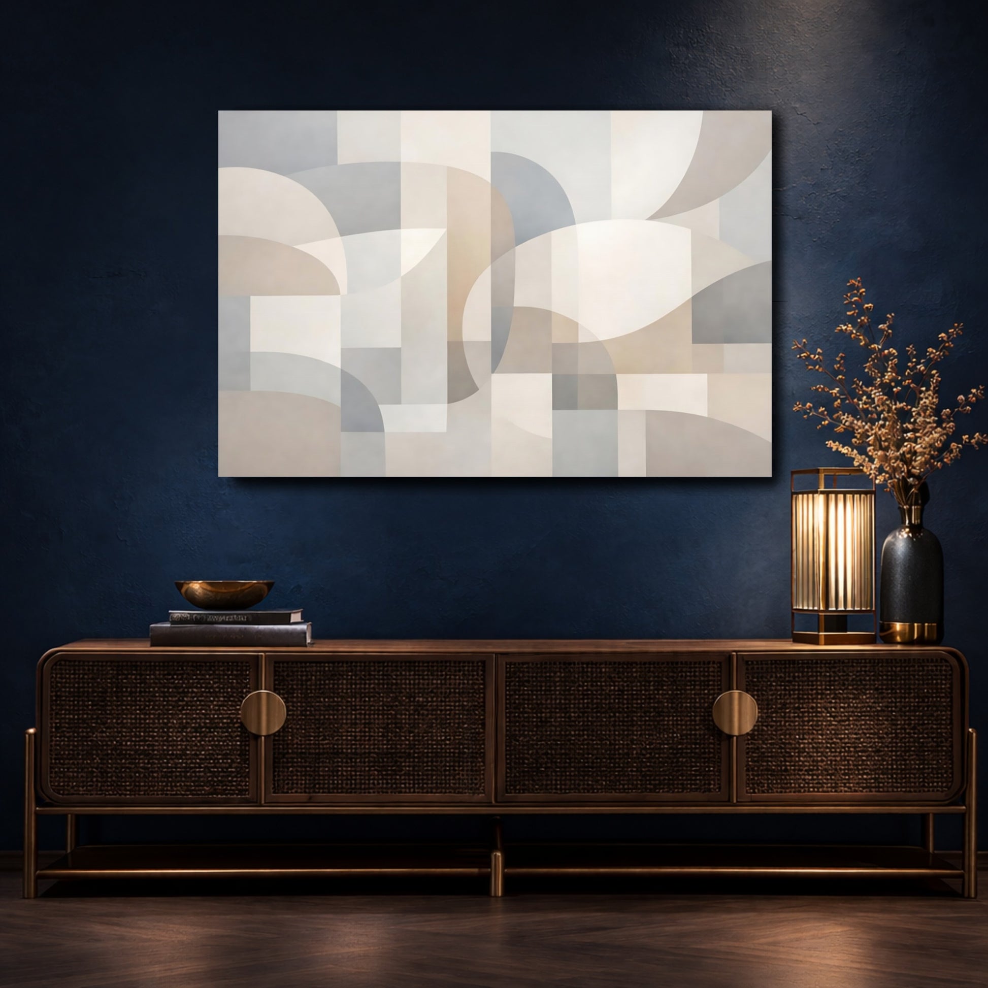 Mockup 4. Abstract Geometric Shapes Neutral Geometric shown as stretched canvas wall art