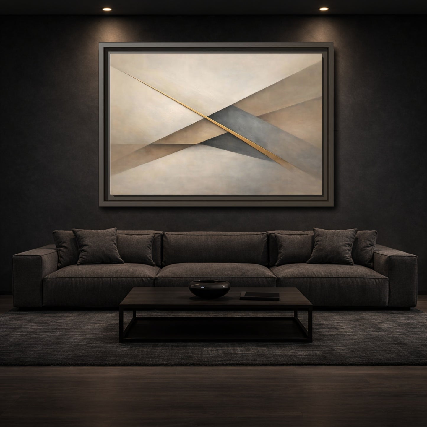 Mockup 2. Abstract Geometric Shapes Neutral Gold Abstract shown as stretched canvas wall art