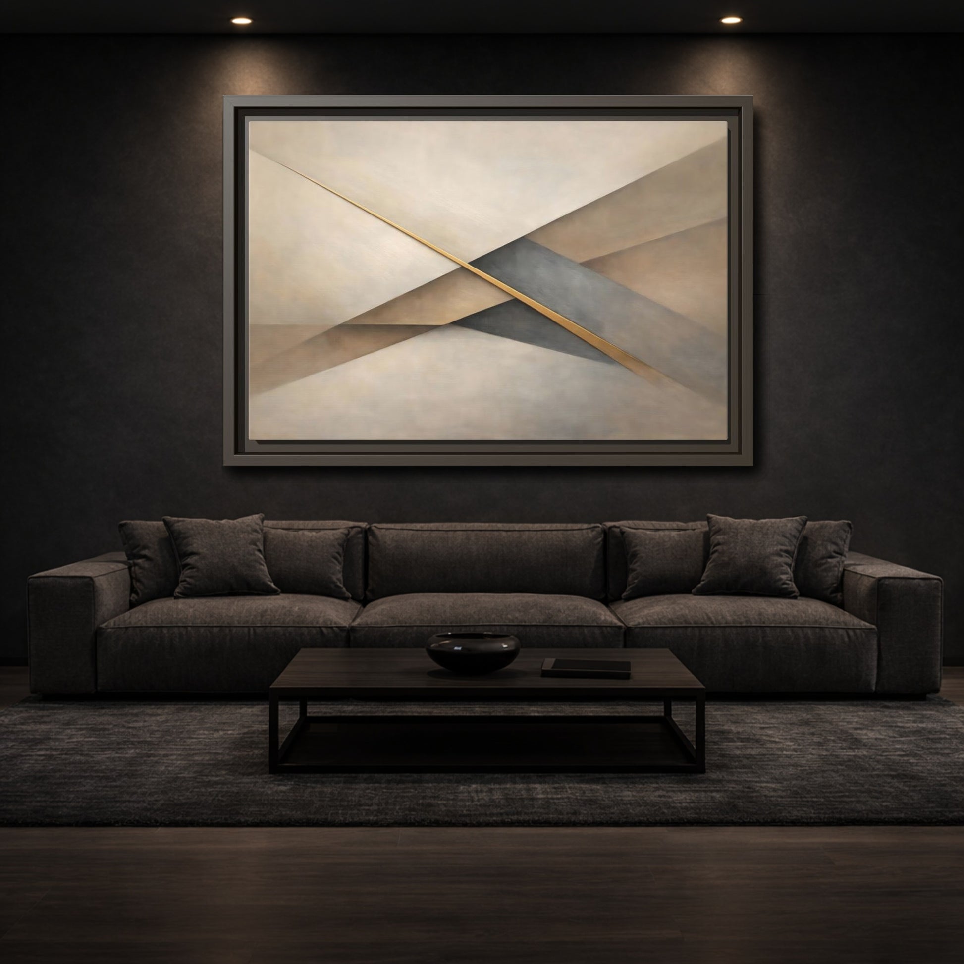 Mockup 2. Abstract Geometric Shapes Neutral Gold Abstract shown as stretched canvas wall art