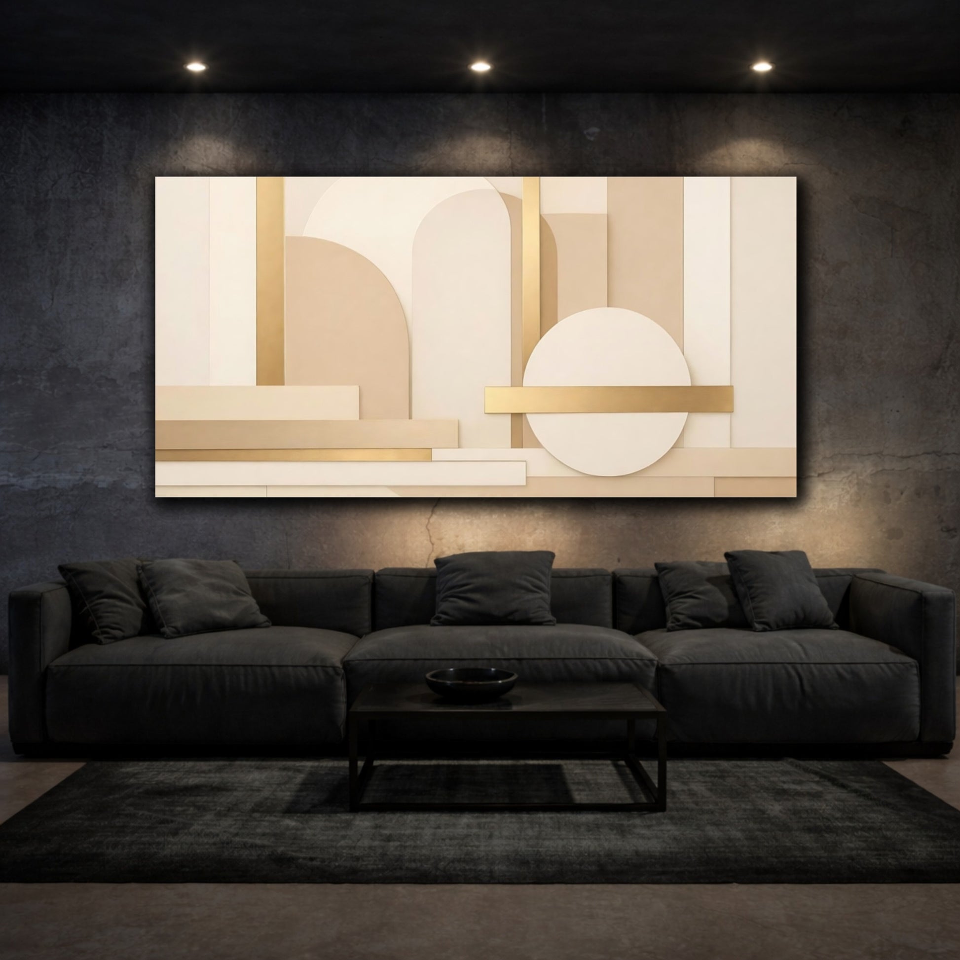 Mockup 2. Abstract Geometric Shapes Neutral Gold Abstract shown as stretched canvas wall art