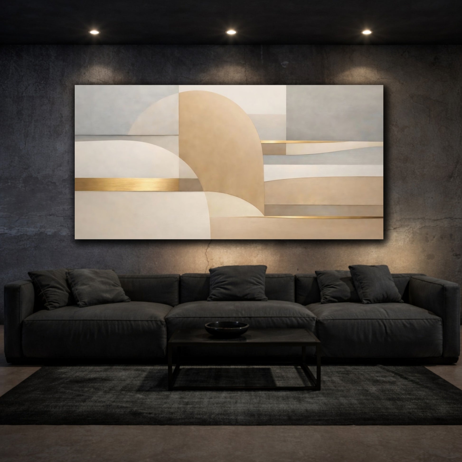 Mockup 2. Abstract Geometric Shapes Neutral Gold Abstract shown as stretched canvas wall art