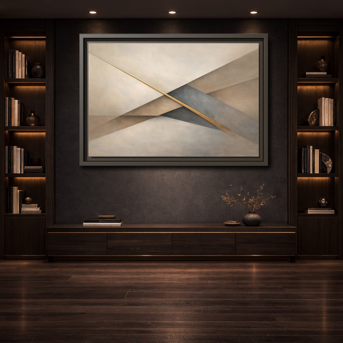 Mockup 3. Abstract Geometric Shapes Neutral Gold Abstract shown as stretched canvas wall art