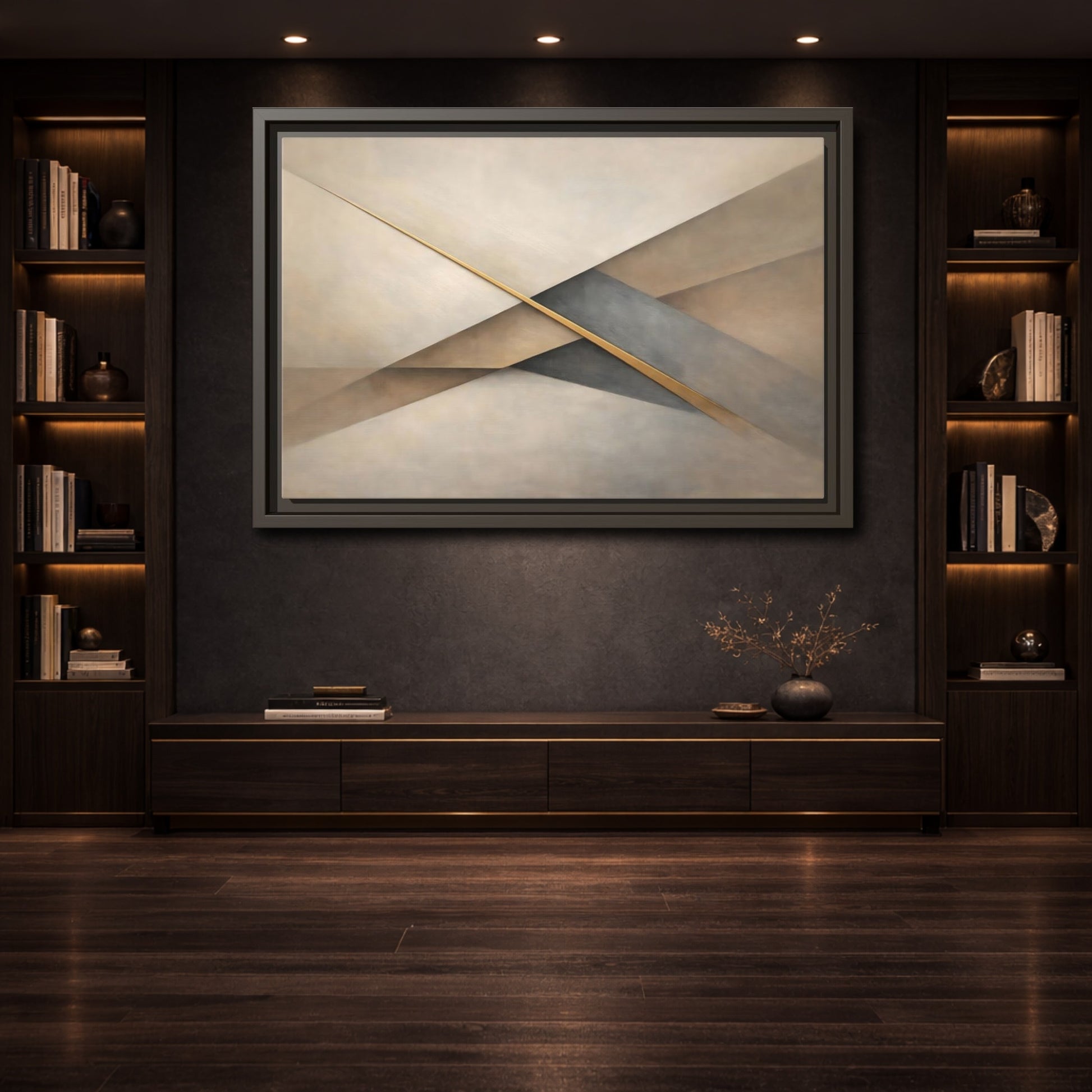 Mockup 3. Abstract Geometric Shapes Neutral Gold Abstract shown as stretched canvas wall art