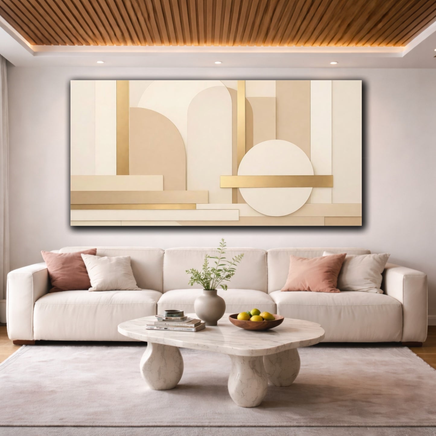 Mockup 3. Abstract Geometric Shapes Neutral Gold Abstract shown as stretched canvas wall art