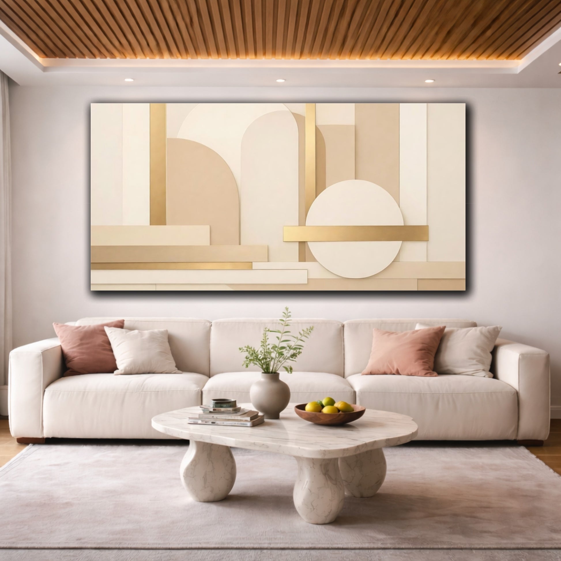 Mockup 3. Abstract Geometric Shapes Neutral Gold Abstract shown as stretched canvas wall art