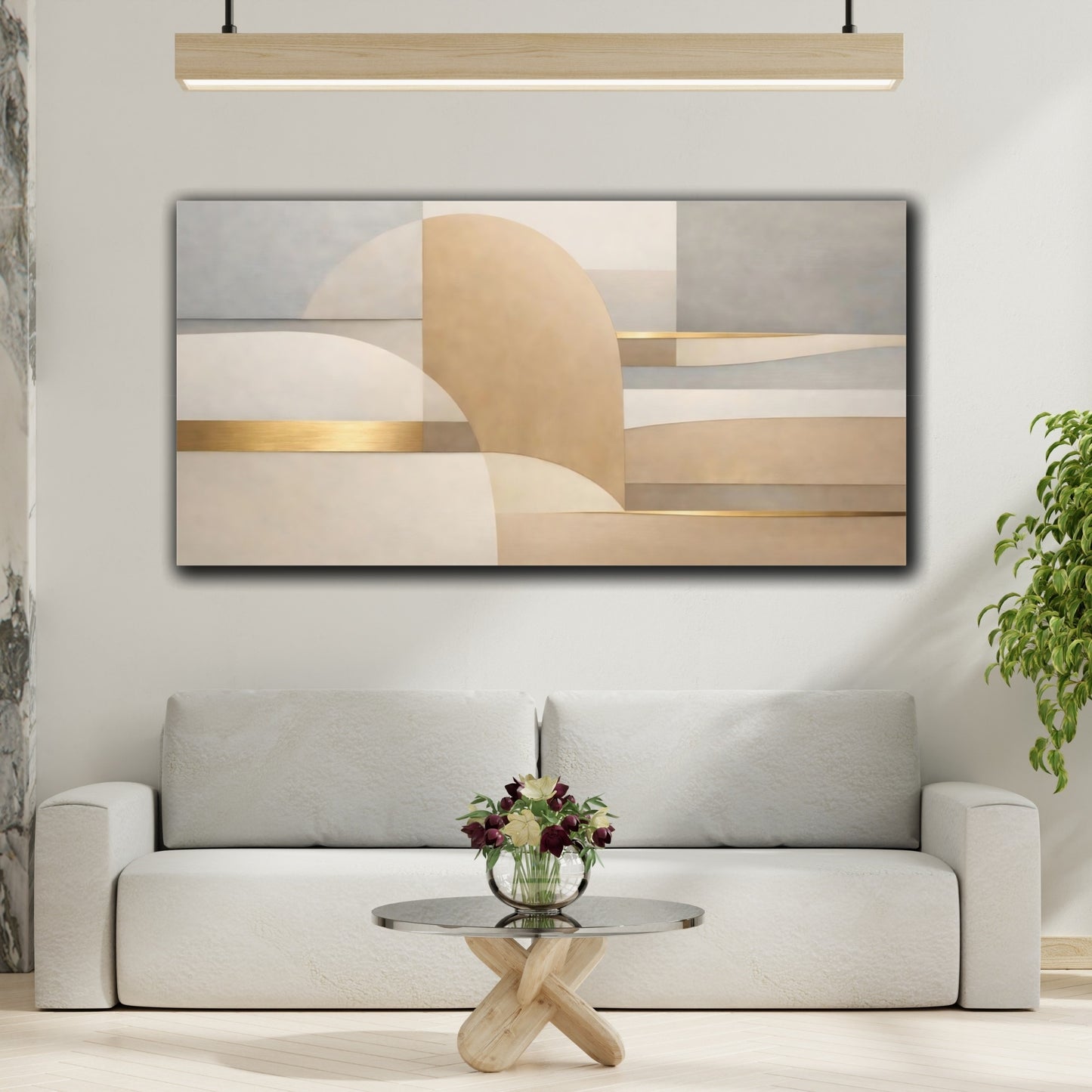 Mockup 3. Abstract Geometric Shapes Neutral Gold Abstract shown as stretched canvas wall art