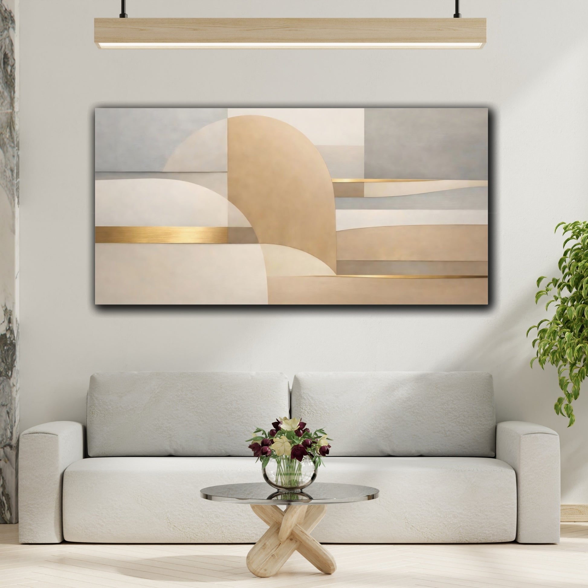 Mockup 3. Abstract Geometric Shapes Neutral Gold Abstract shown as stretched canvas wall art