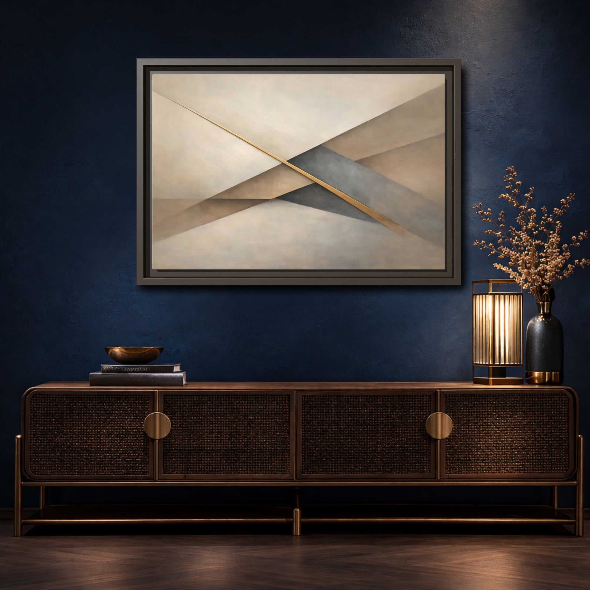 Mockup 4. Abstract Geometric Shapes Neutral Gold Abstract shown as stretched canvas wall art