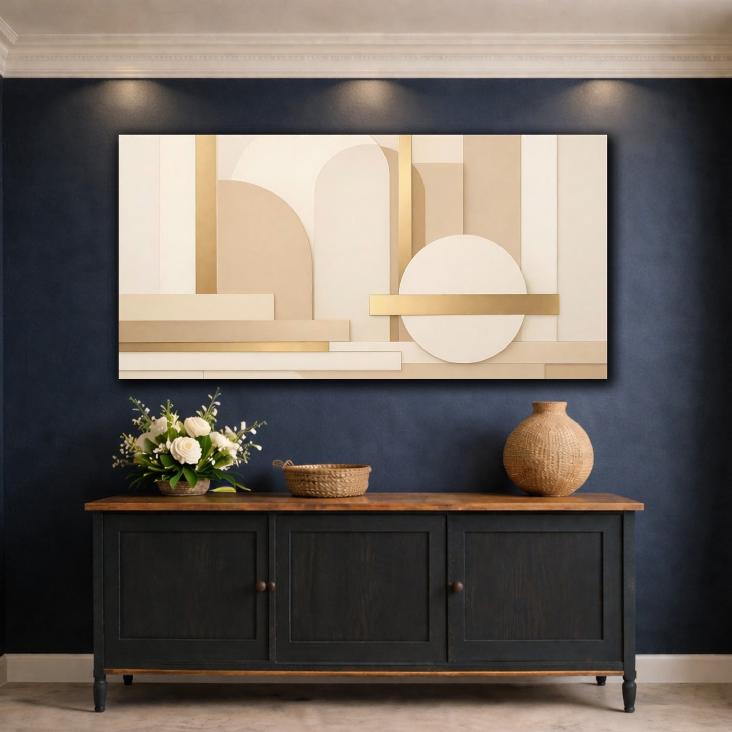 Mockup 4. Abstract Geometric Shapes Neutral Gold Abstract shown as stretched canvas wall art