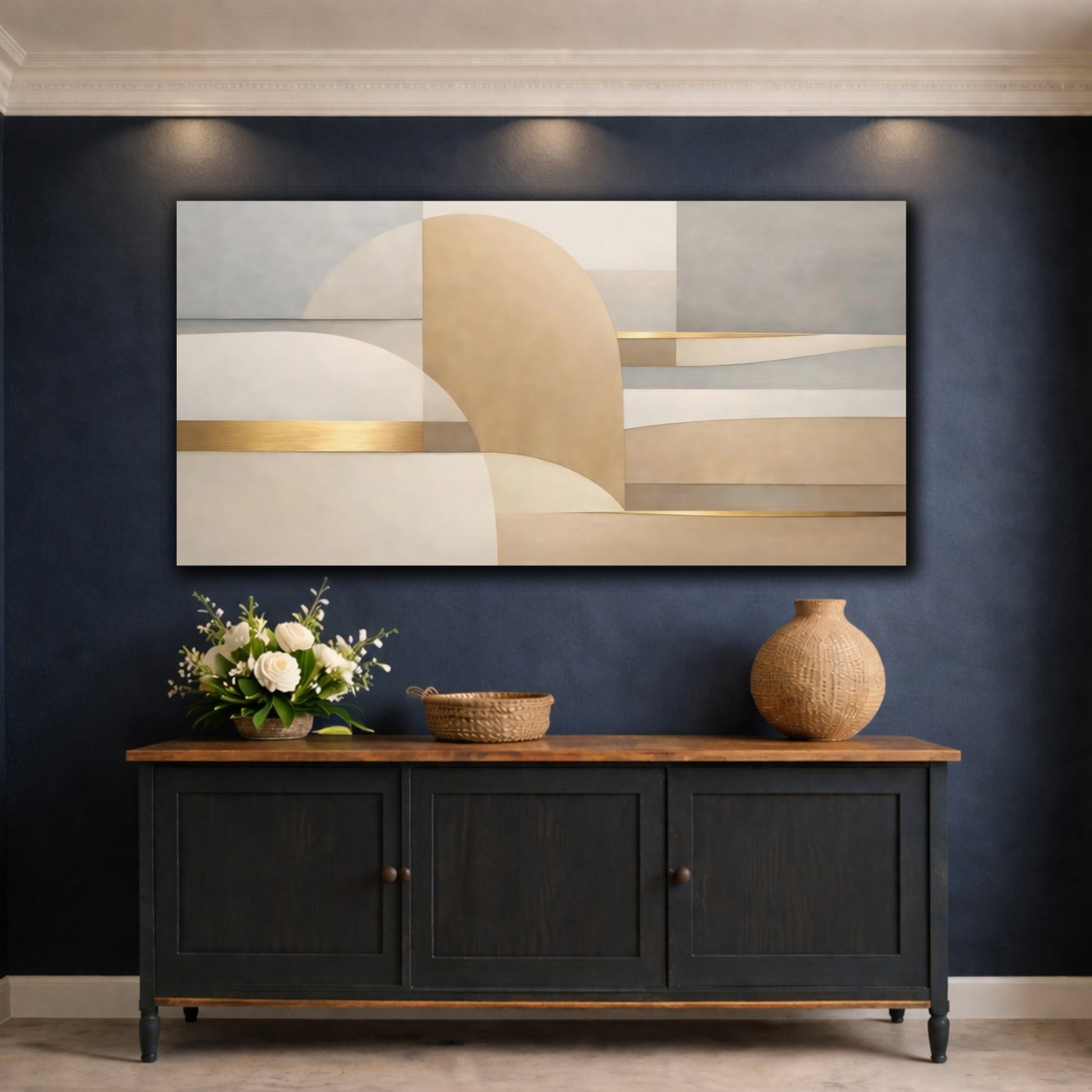 Mockup 4. Abstract Geometric Shapes Neutral Gold Abstract shown as stretched canvas wall art