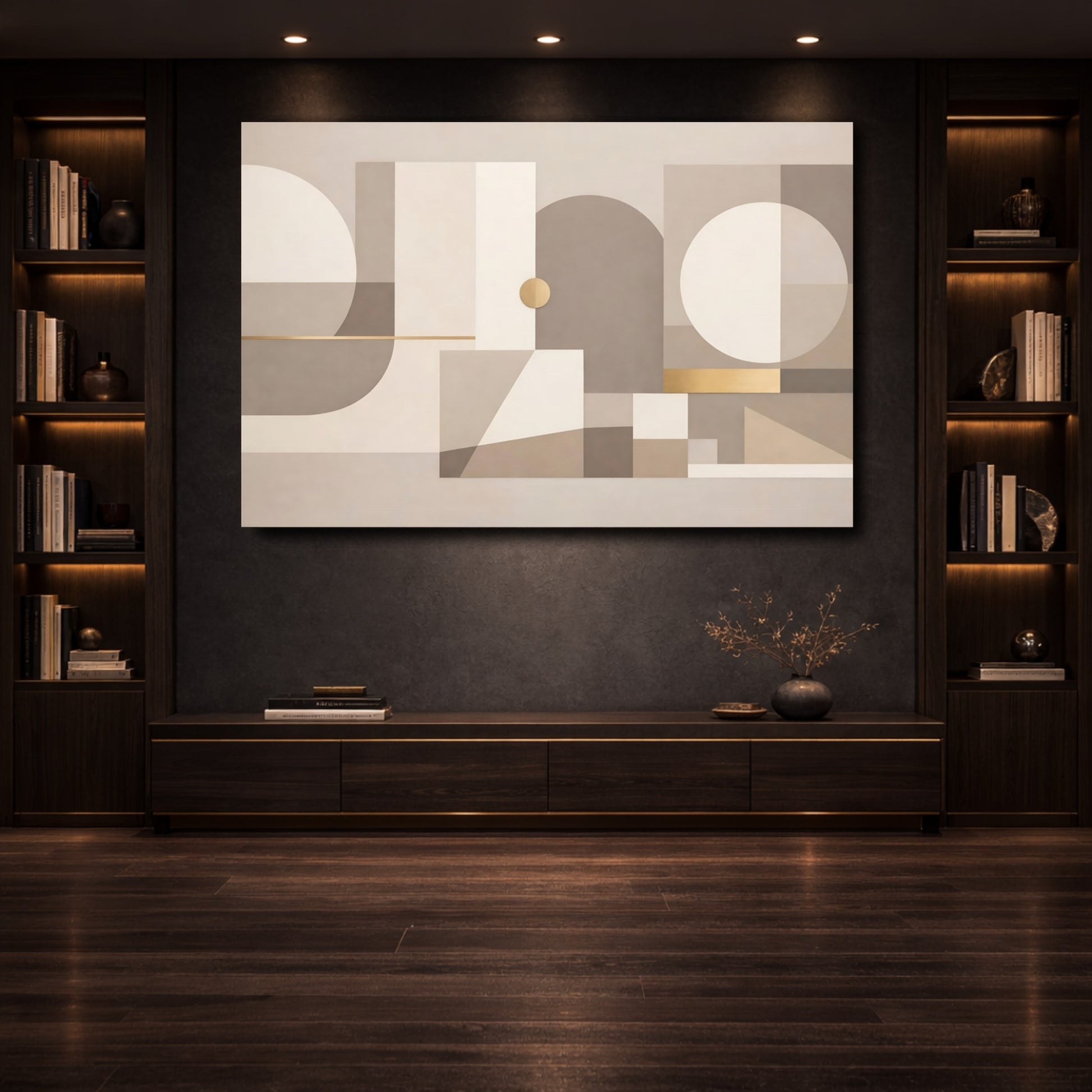Mockup 3. Abstract Geometric Shapes Neutral Gold Geometric shown as stretched canvas wall art
