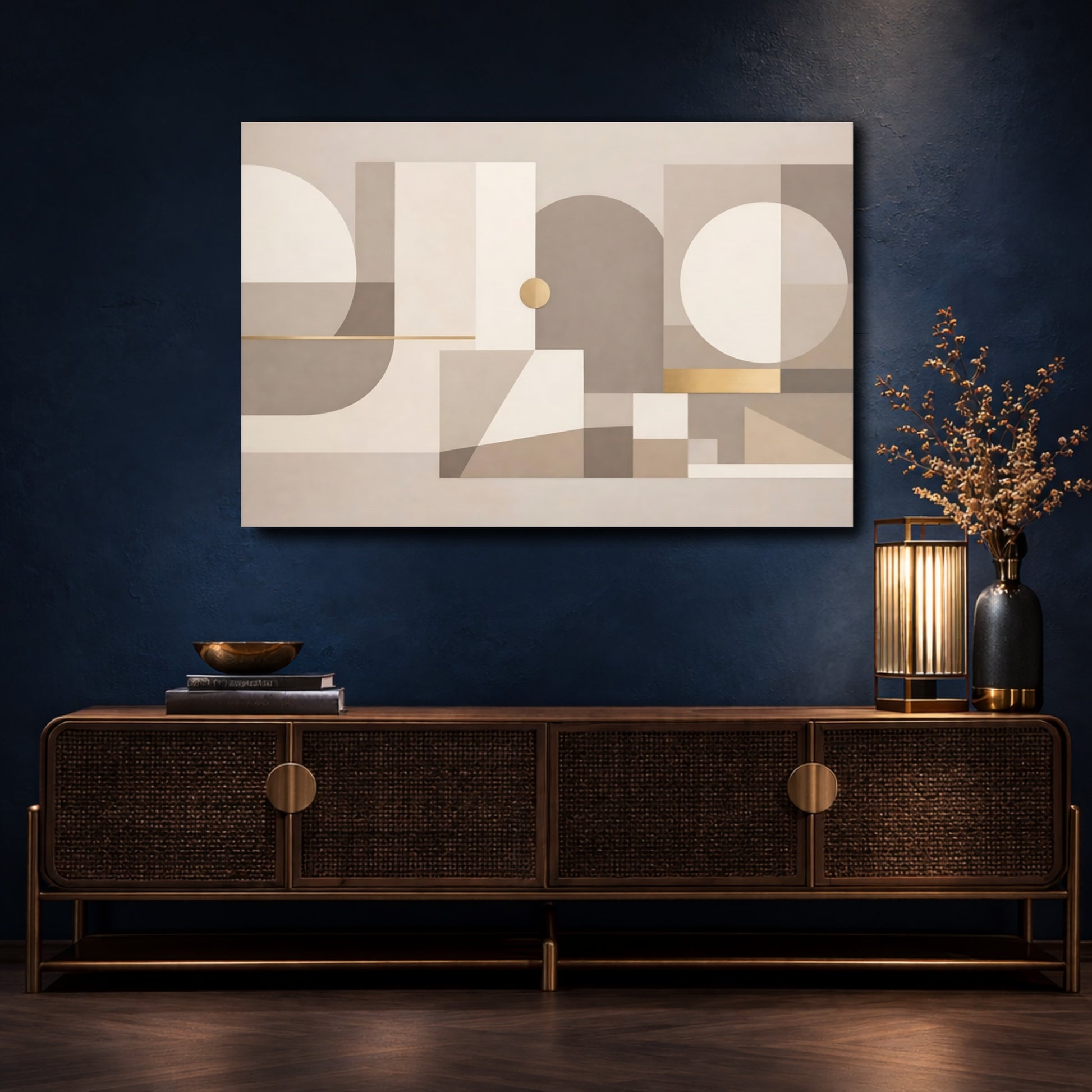 Mockup 4. Abstract Geometric Shapes Neutral Gold Geometric shown as stretched canvas wall art