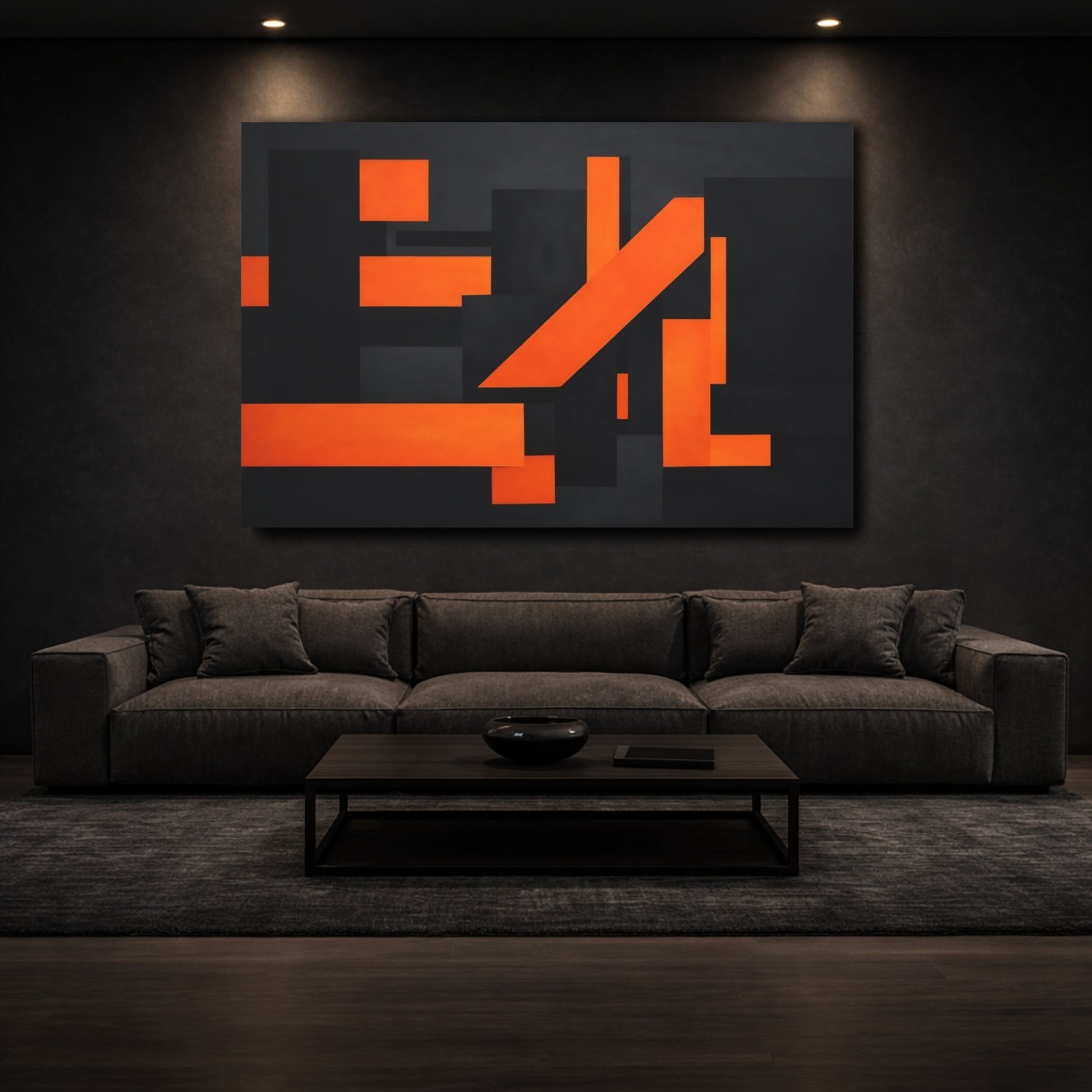 Mockup 2. Abstract Geometric Shapes Orange And Black shown as stretched canvas wall art