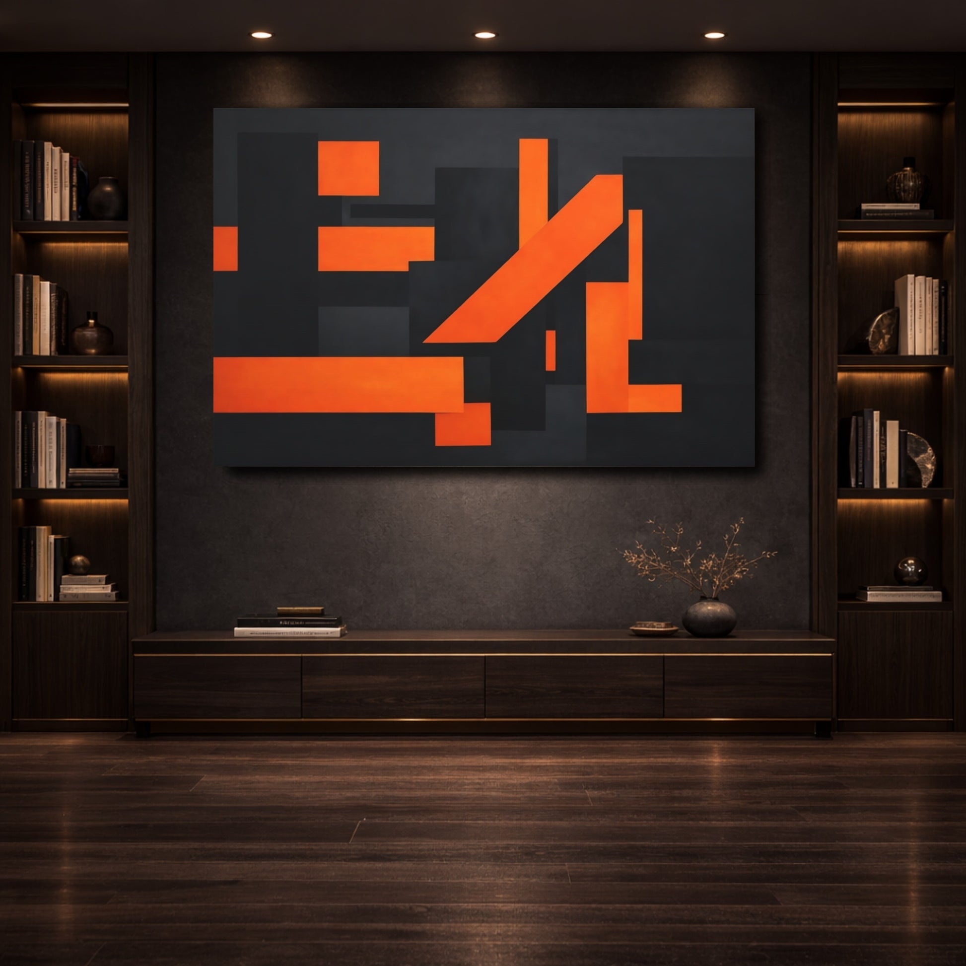 Mockup 3. Abstract Geometric Shapes Orange And Black shown as stretched canvas wall art