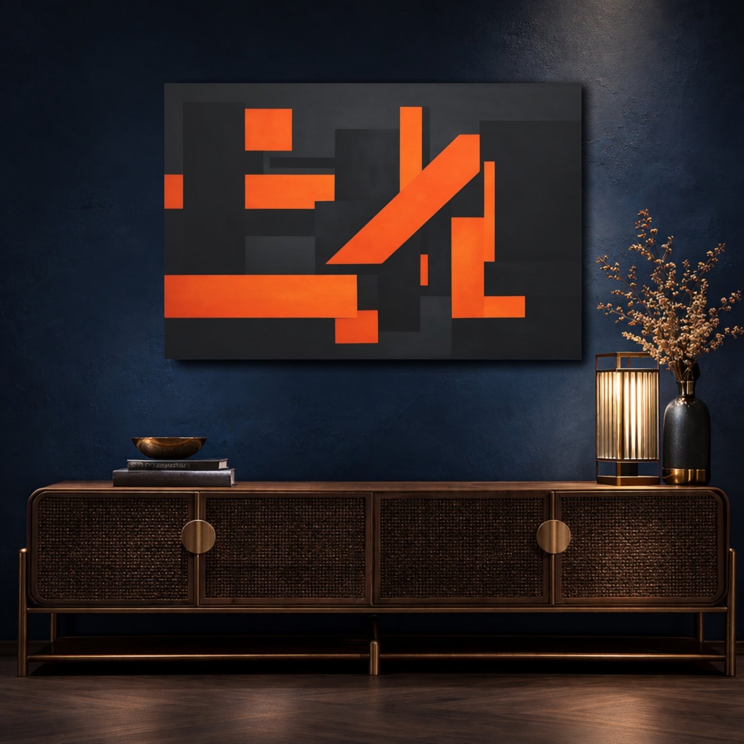 Mockup 4. Abstract Geometric Shapes Orange And Black shown as stretched canvas wall art