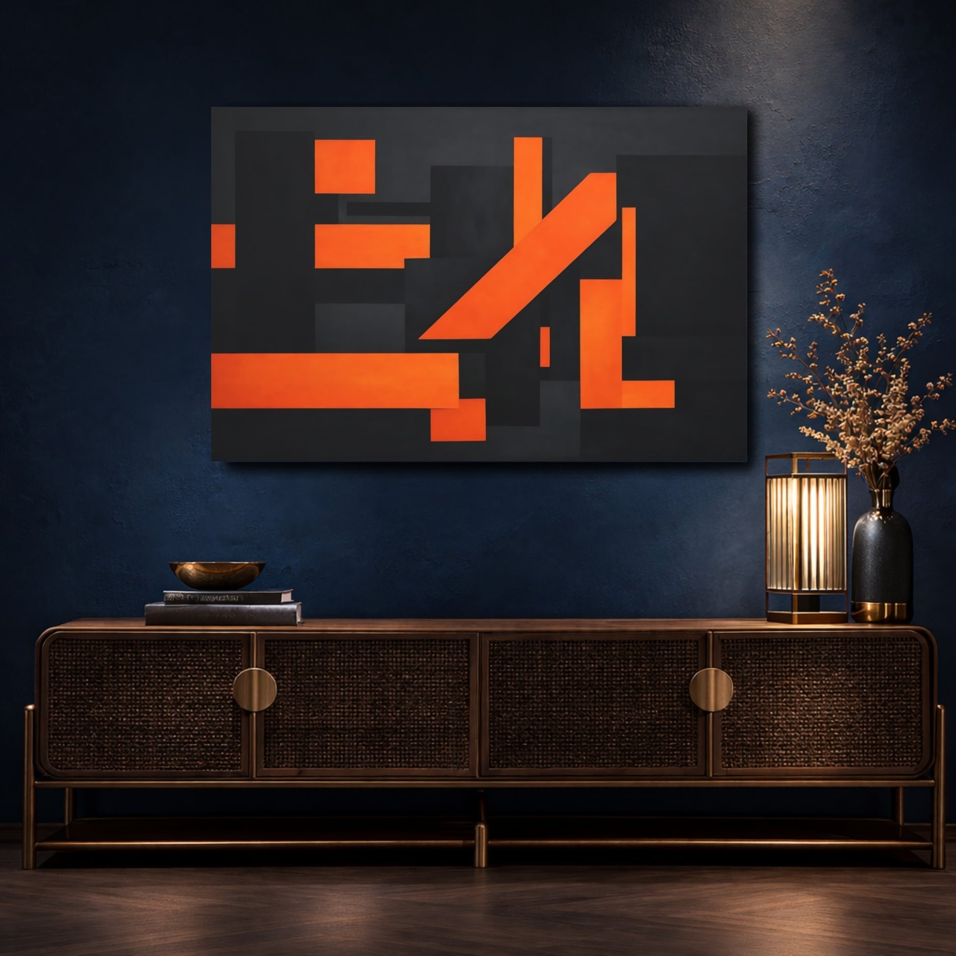 Mockup 4. Abstract Geometric Shapes Orange And Black shown as stretched canvas wall art