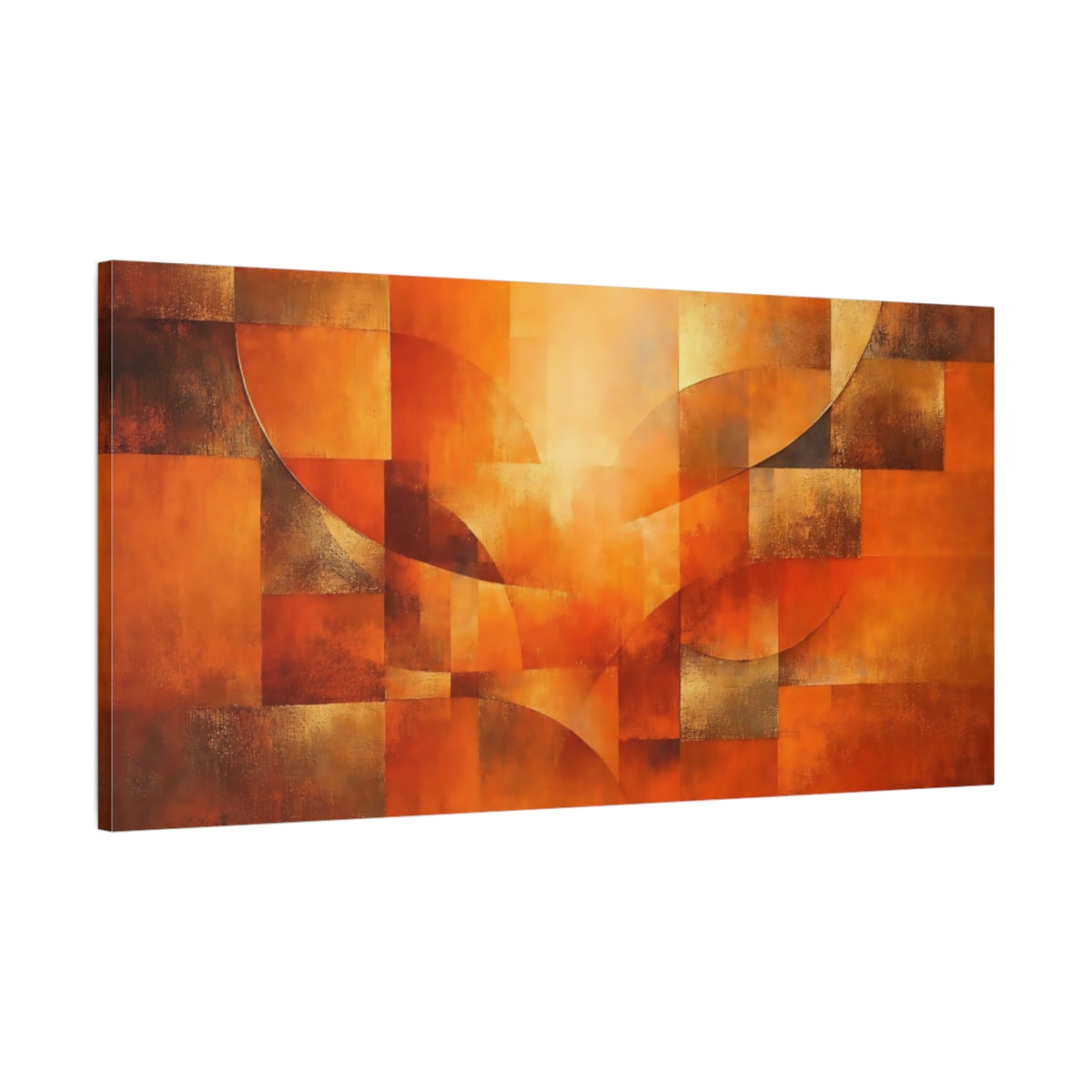 Side Mockup 1. Abstract Geometric Shapes Orange And Bronze shown as stretched canvas wall art
