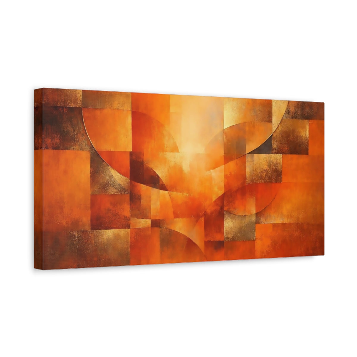 Side Mockup 3. Abstract Geometric Shapes Orange And Bronze shown as stretched canvas wall art