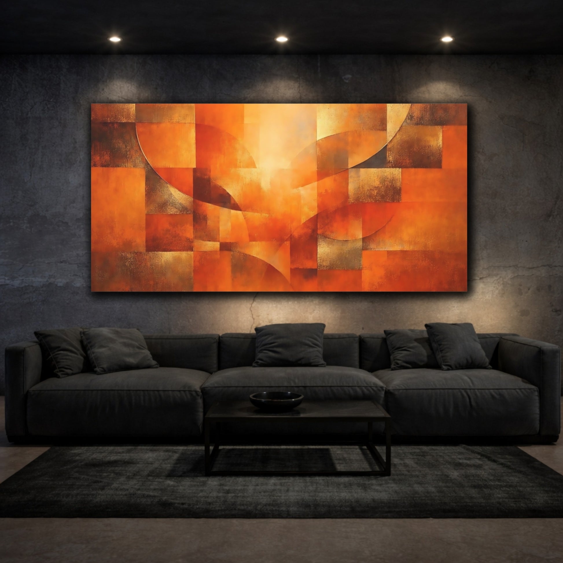 Mockup 2. Abstract Geometric Shapes Orange And Bronze shown as stretched canvas wall art