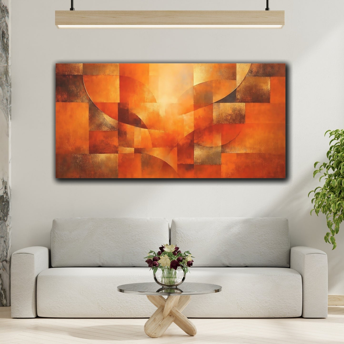 Mockup 3. Abstract Geometric Shapes Orange And Bronze shown as stretched canvas wall art