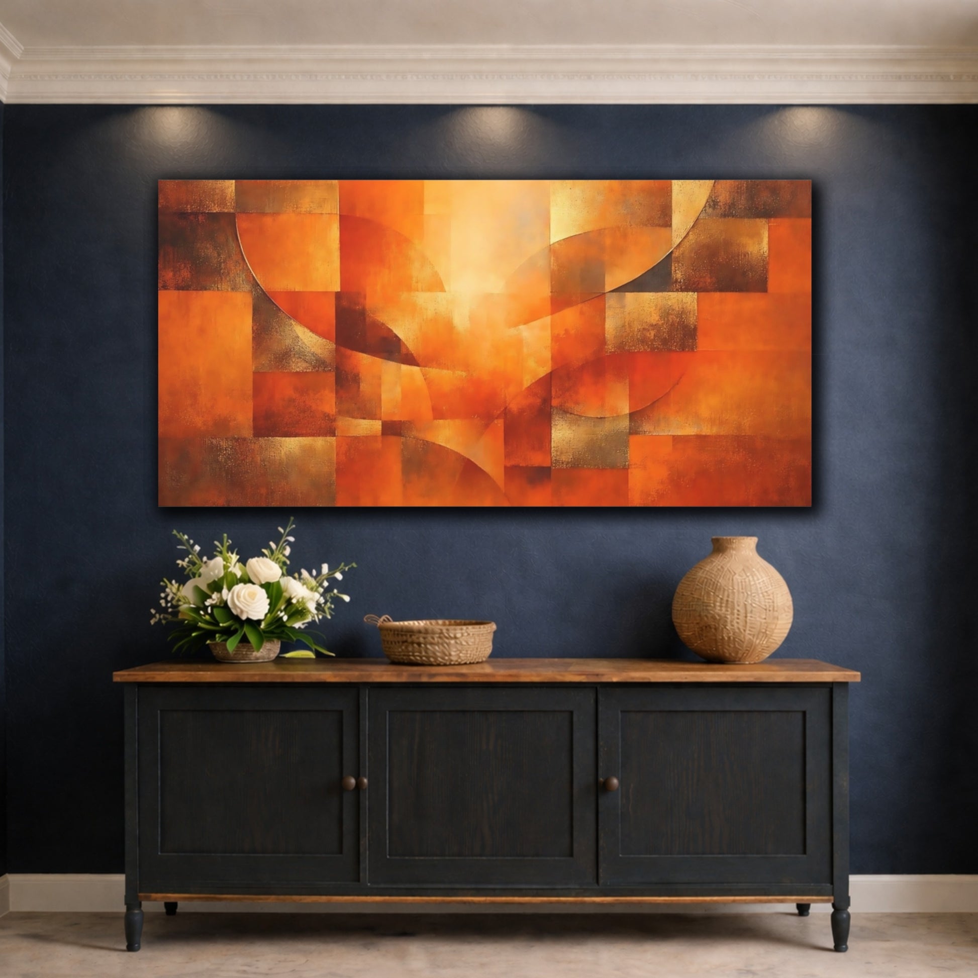 Mockup 4. Abstract Geometric Shapes Orange And Bronze shown as stretched canvas wall art