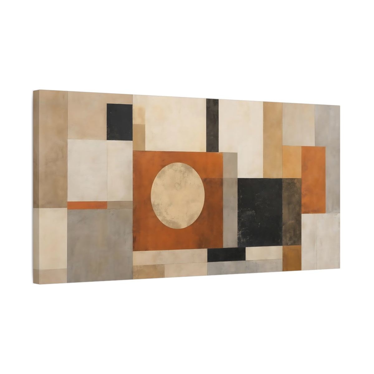 Side Mockup 1. Abstract Geometric Shapes Orange And Neutrals shown as stretched canvas wall art
