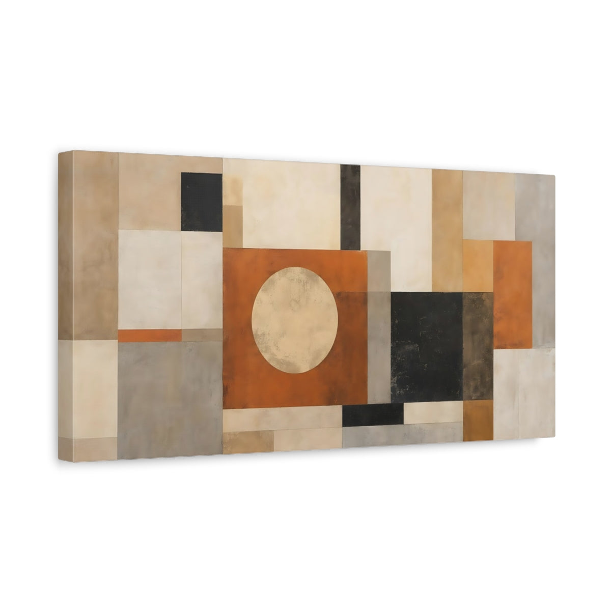 Side Mockup 3. Abstract Geometric Shapes Orange And Neutrals shown as stretched canvas wall art