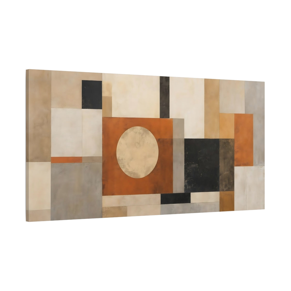Side Mockup 2. Abstract Geometric Shapes Orange And Neutrals shown as stretched canvas wall art