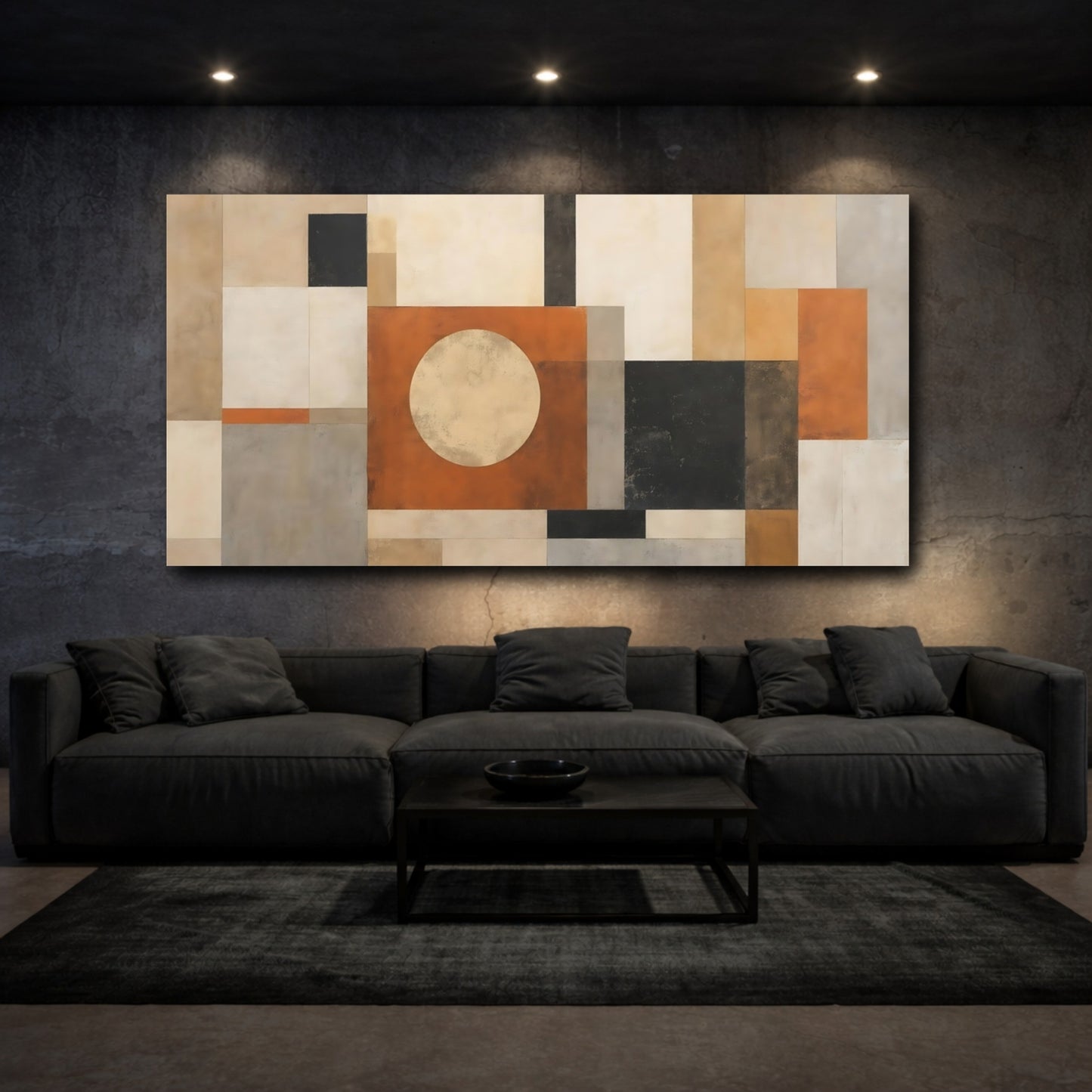 Mockup 2. Abstract Geometric Shapes Orange And Neutrals shown as stretched canvas wall art