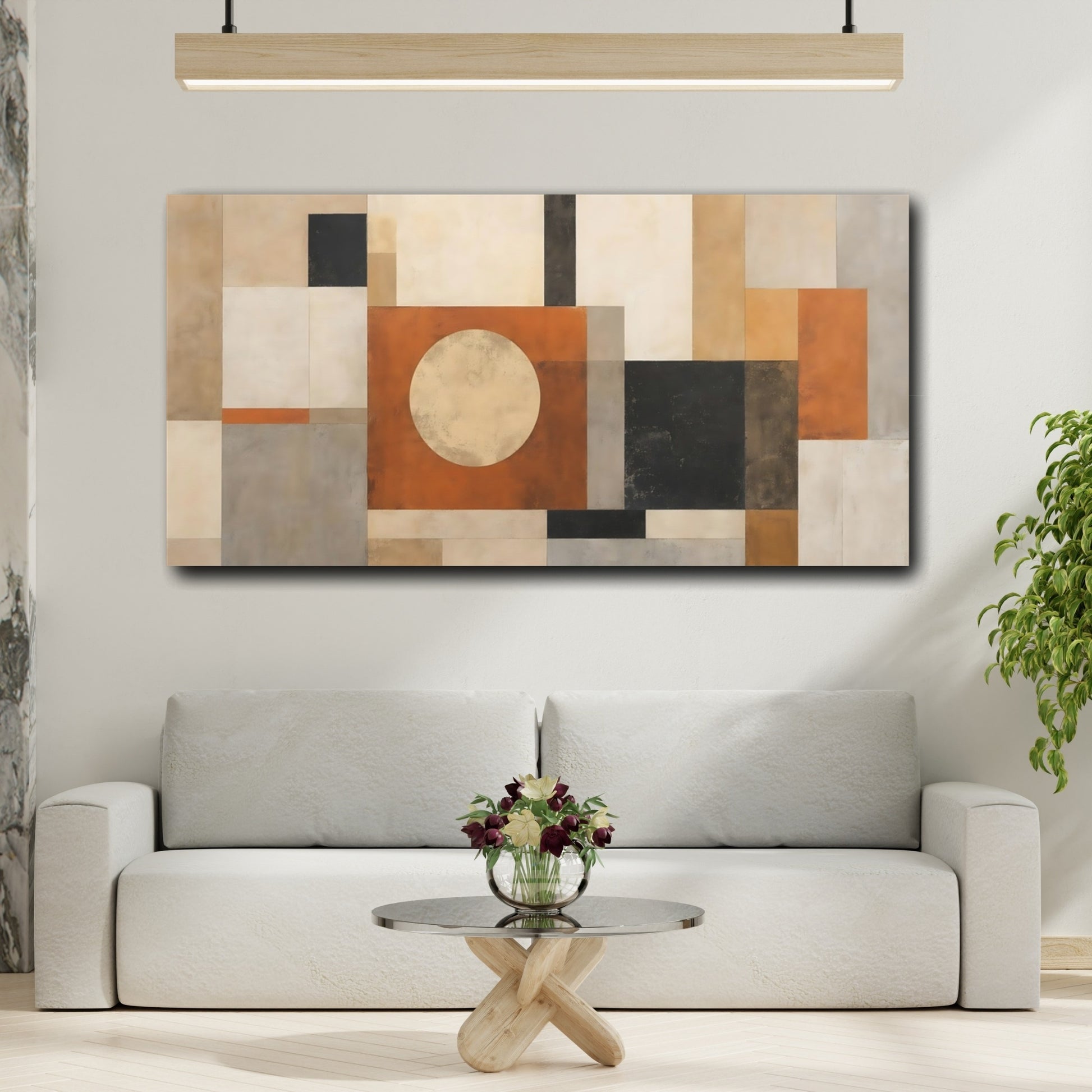 Mockup 3. Abstract Geometric Shapes Orange And Neutrals shown as stretched canvas wall art