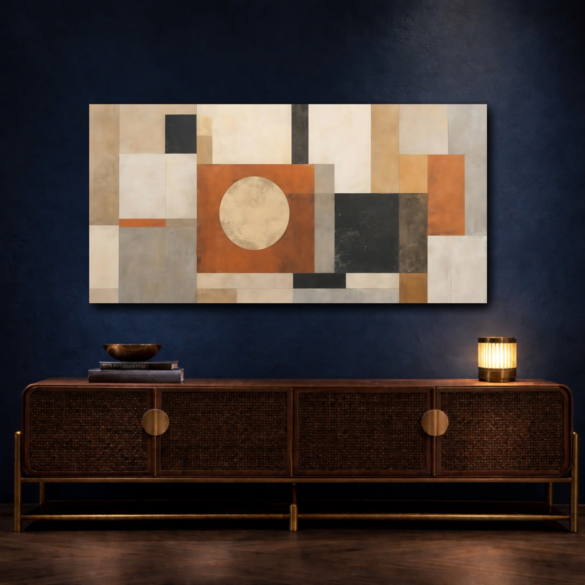 Mockup 4. Abstract Geometric Shapes Orange And Neutrals shown as stretched canvas wall art