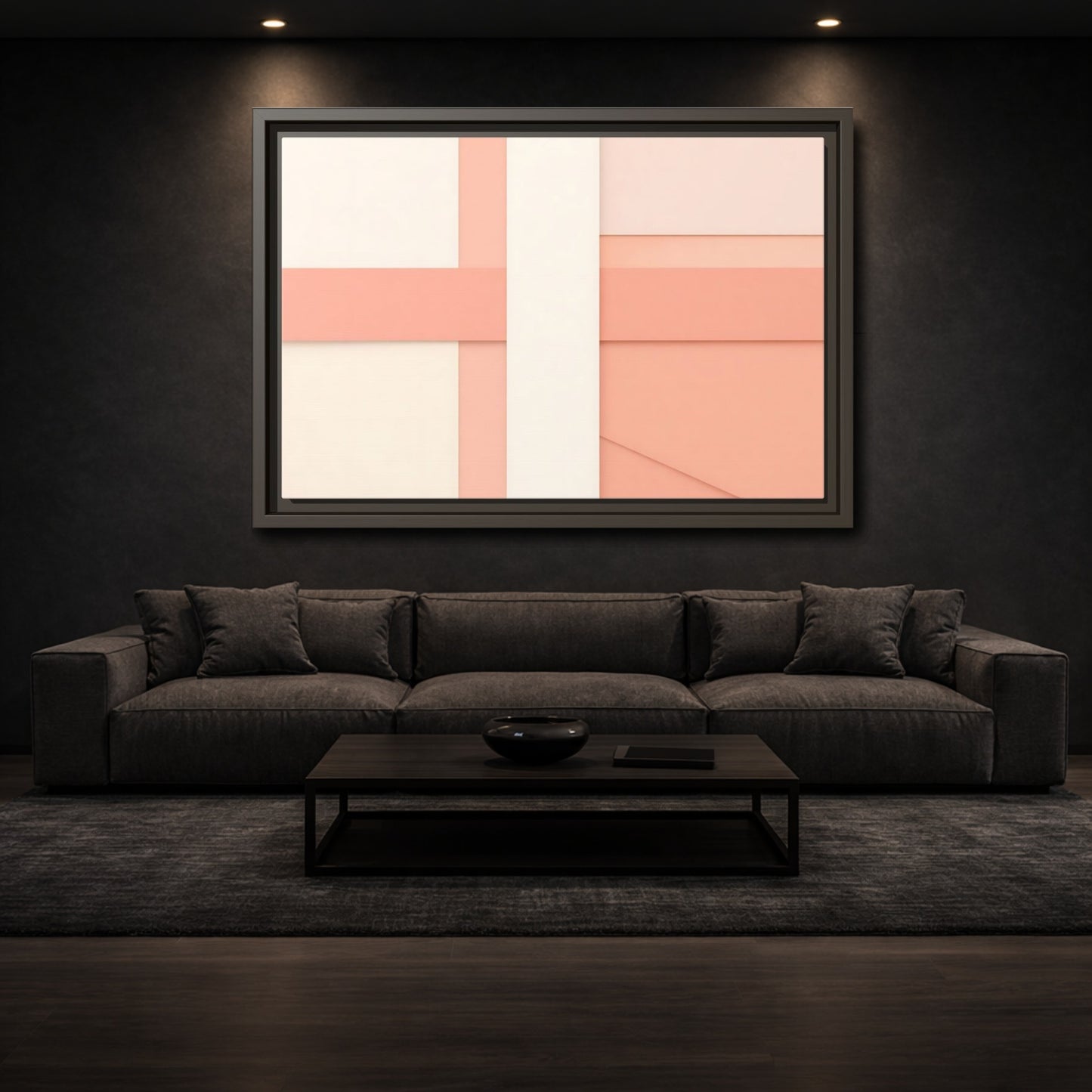 Mockup 2. Abstract Geometric Shapes Peach And Cream shown as stretched canvas wall art