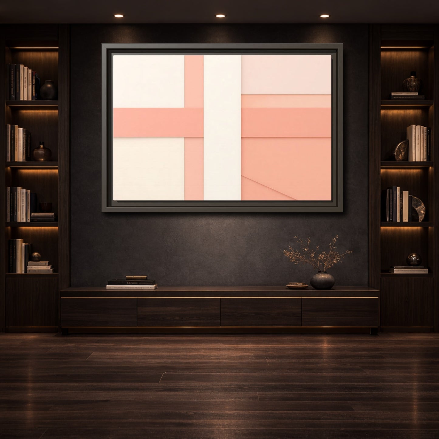 Mockup 3. Abstract Geometric Shapes Peach And Cream shown as stretched canvas wall art